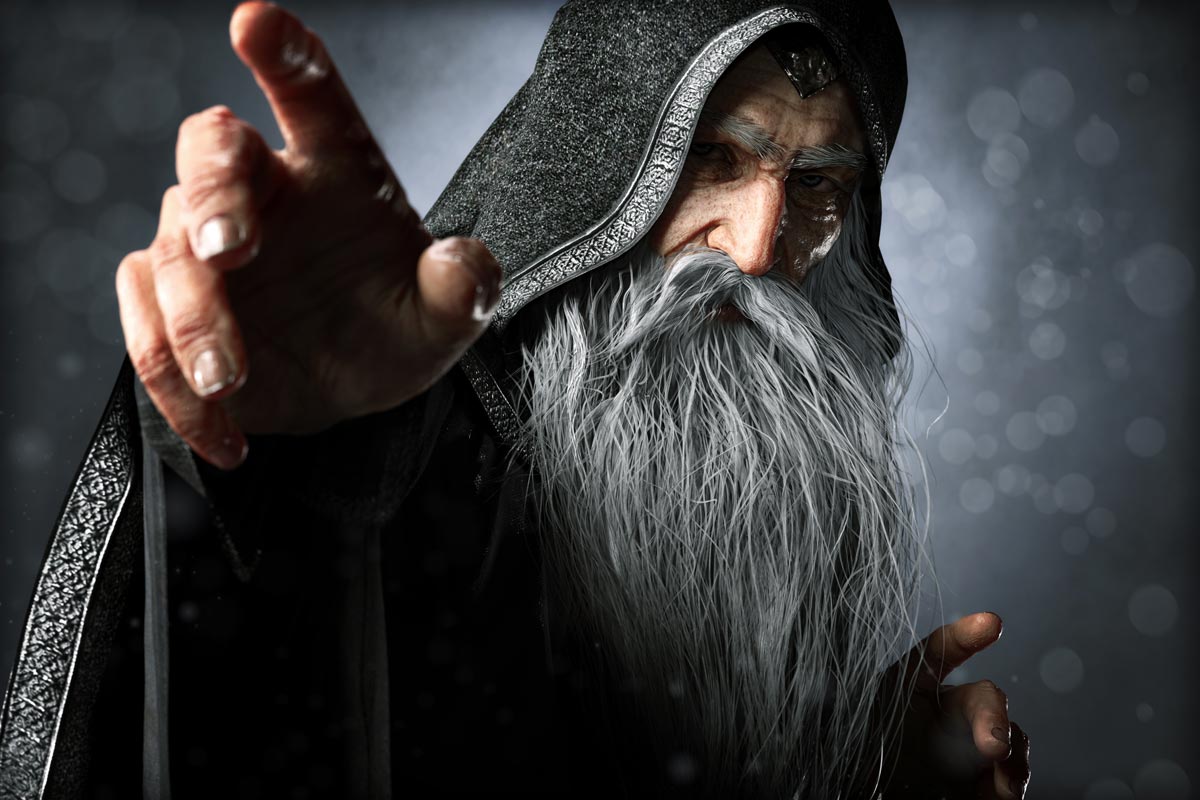 Mighty hooded wizard with long silver beard casting a spell in dark fantasy digital download artwork