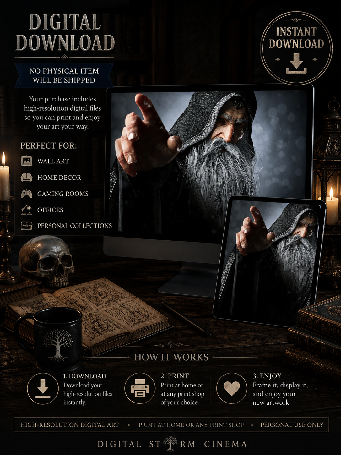 Mighty hooded wizard with long silver beard casting a spell in dark fantasy digital download artwork