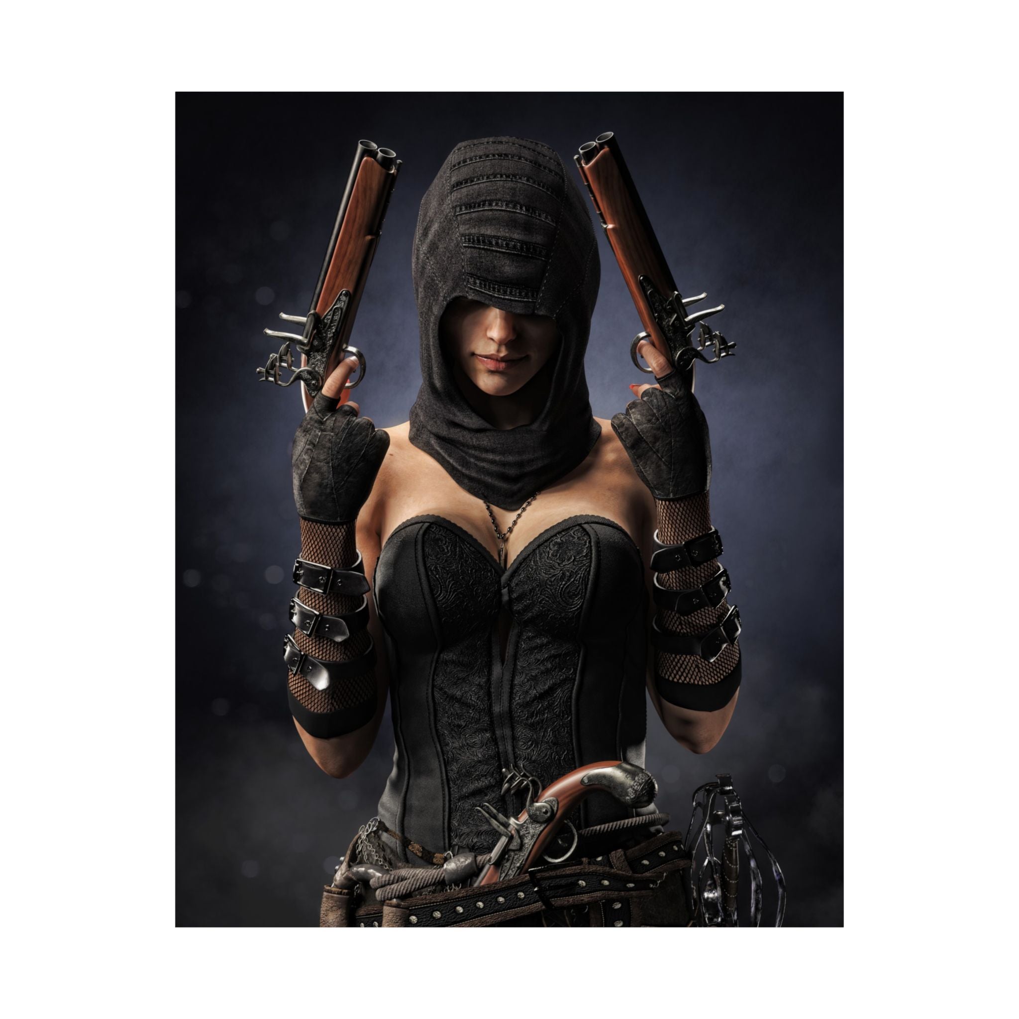 A hand-crafted fantasy illustration of a hooded pirate assassin holding dual ornate flintlock pistols while wearing detailed black leather armor and tactical gear. Dramatic lighting, realistic textures, and a dark cinematic background create an immersive fantasy scene inspired by legendary pirates and stealth assassins.