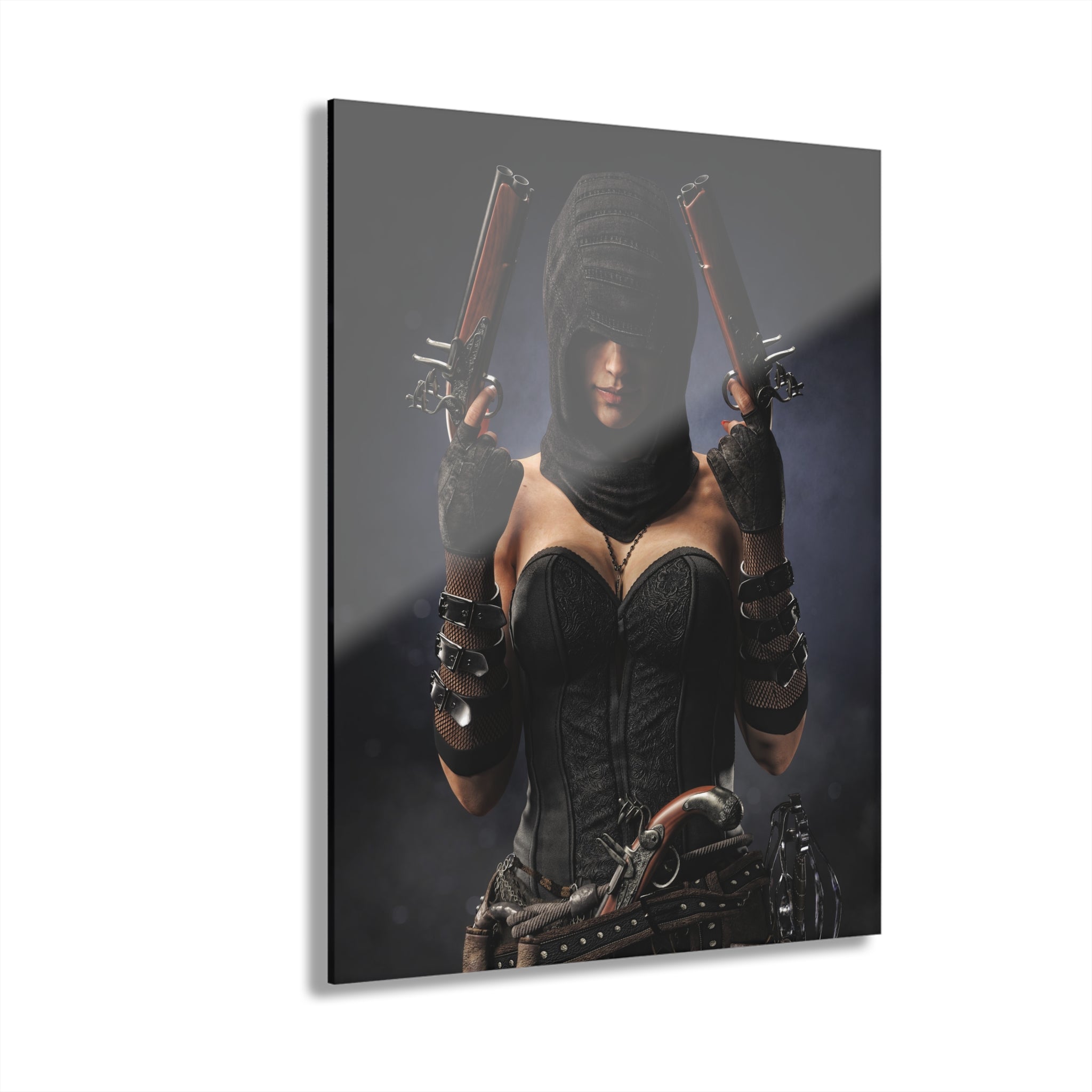 A hand-crafted fantasy illustration of a hooded pirate assassin holding dual ornate flintlock pistols while wearing detailed black leather armor and tactical gear. Dramatic lighting, realistic textures, and a dark cinematic background create an immersive fantasy scene inspired by legendary pirates and stealth assassins.