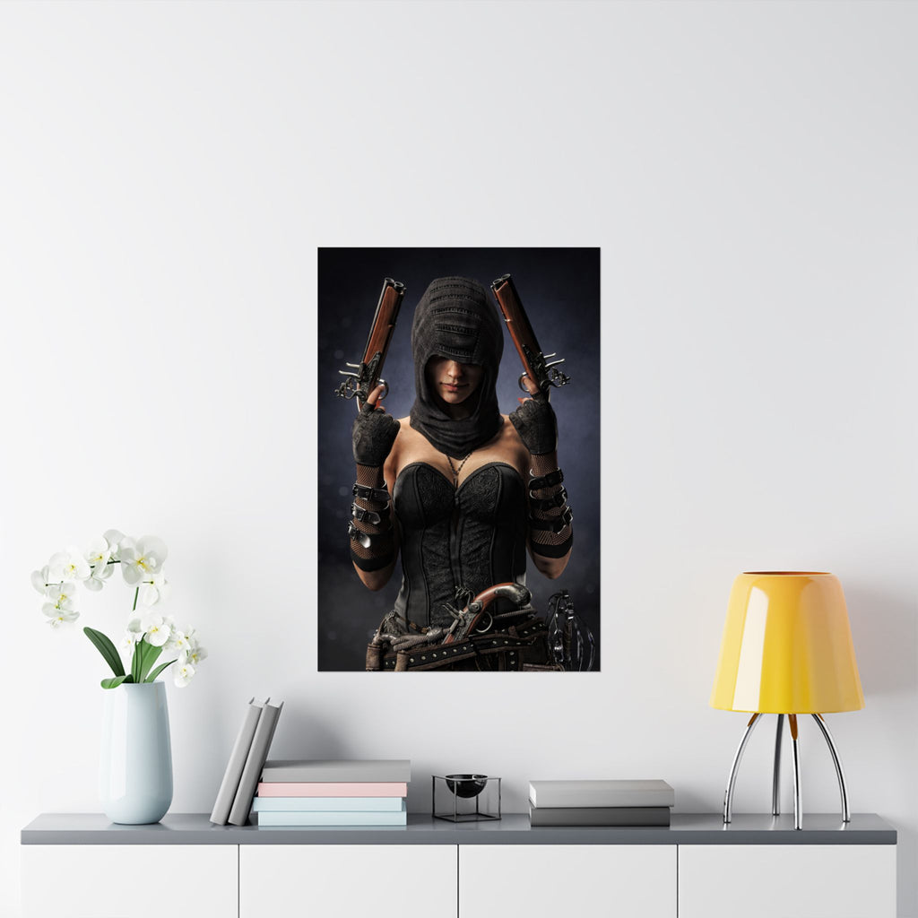 A hand-crafted fantasy illustration of a hooded pirate assassin holding dual ornate flintlock pistols while wearing detailed black leather armor and tactical gear. Dramatic lighting, realistic textures, and a dark cinematic background create an immersive fantasy scene inspired by legendary pirates and stealth assassins.