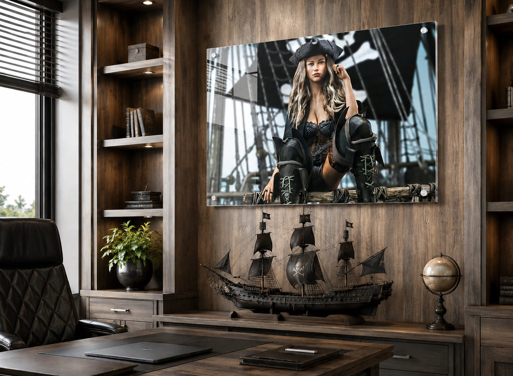 Handcrafted fantasy artwork featuring a confident female pirate captain seated aboard a legendary sailing ship, wearing a black tricorne hat, elegant corset, and towering leather pirate boots. Surrounded by weathered rigging, wooden beams, and towering black sails, she commands the deck with calm authority and unmistakable presence. Rich cinematic lighting, detailed nautical textures, and realistic craftsmanship evoke the romance and danger of the golden age of piracy, making this artwork an exceptional pie