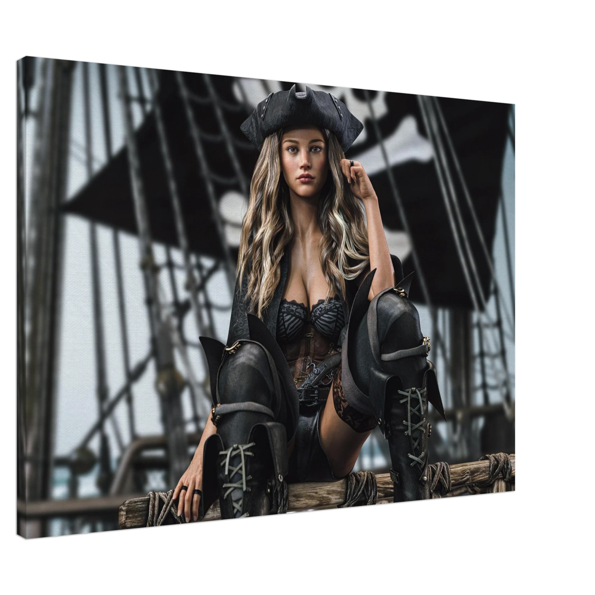 Handcrafted fantasy artwork featuring a confident female pirate captain seated aboard a legendary sailing ship, wearing a black tricorne hat, elegant corset, and towering leather pirate boots. Surrounded by weathered rigging, wooden beams, and towering black sails, she commands the deck with calm authority and unmistakable presence. Rich cinematic lighting, detailed nautical textures, and realistic craftsmanship evoke the romance and danger of the golden age of piracy.