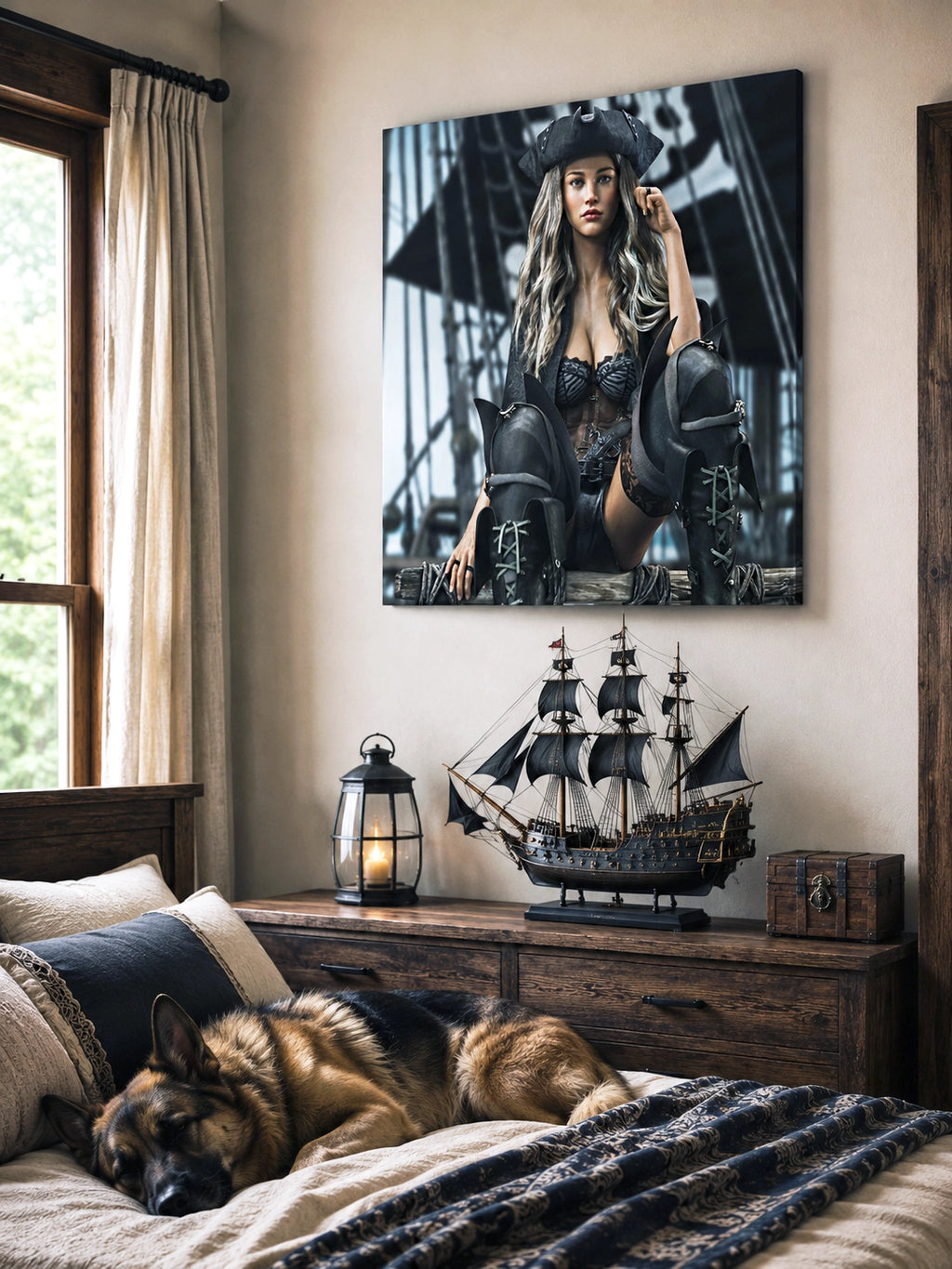 Handcrafted fantasy artwork featuring a confident female pirate captain seated aboard a legendary sailing ship, wearing a black tricorne hat, elegant corset, and towering leather pirate boots. Surrounded by weathered rigging, wooden beams, and towering black sails, she commands the deck with calm authority and unmistakable presence. Rich cinematic lighting, detailed nautical textures, and realistic craftsmanship evoke the romance and danger of the golden age of piracy, making this artwork an exceptional pie