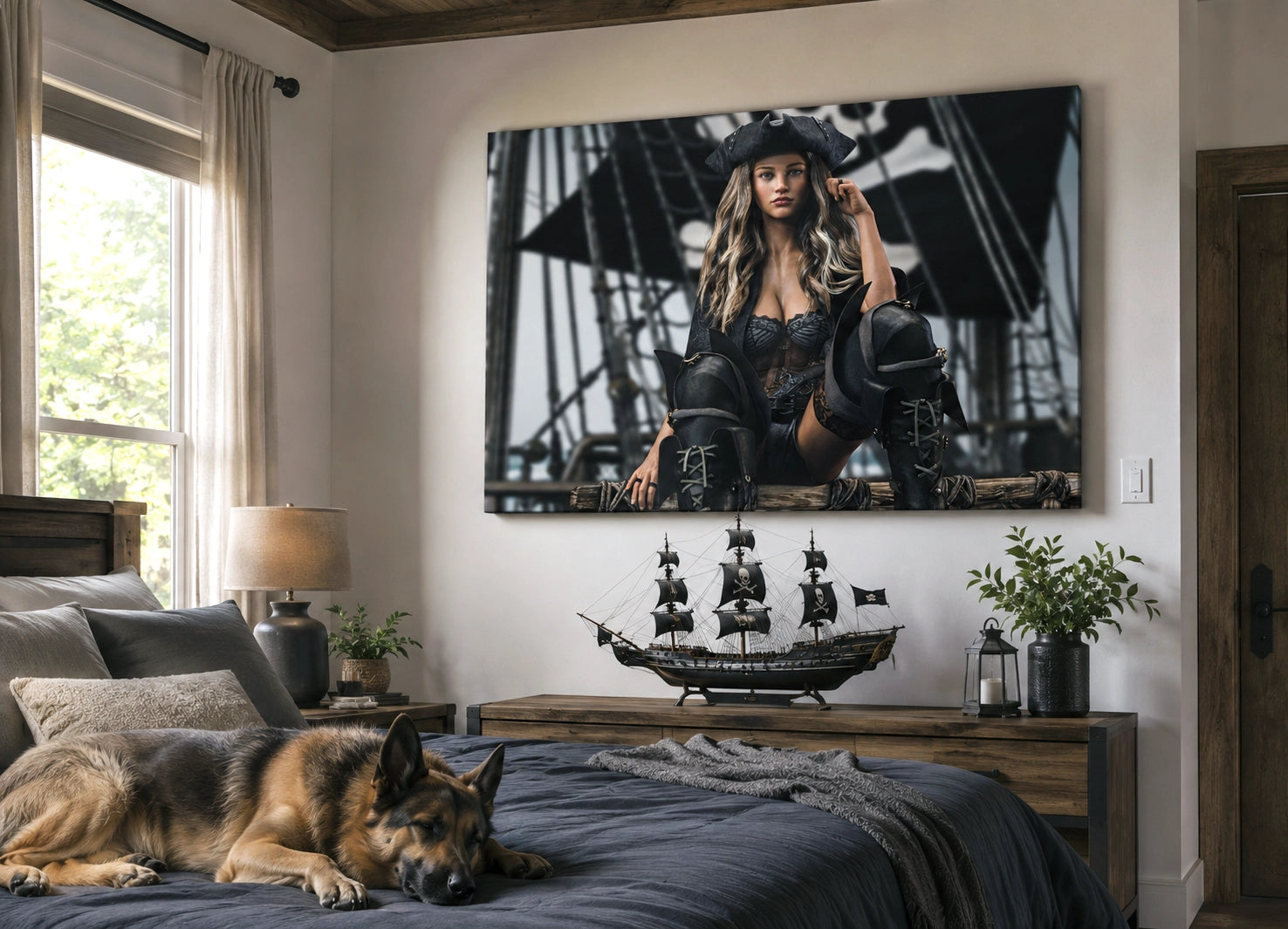 Handcrafted fantasy artwork featuring a confident female pirate captain seated aboard a legendary sailing ship, wearing a black tricorne hat, elegant corset, and towering leather pirate boots. Surrounded by weathered rigging, wooden beams, and towering black sails, she commands the deck with calm authority and unmistakable presence. Rich cinematic lighting, detailed nautical textures, and realistic craftsmanship evoke the romance and danger of the golden age of piracy.