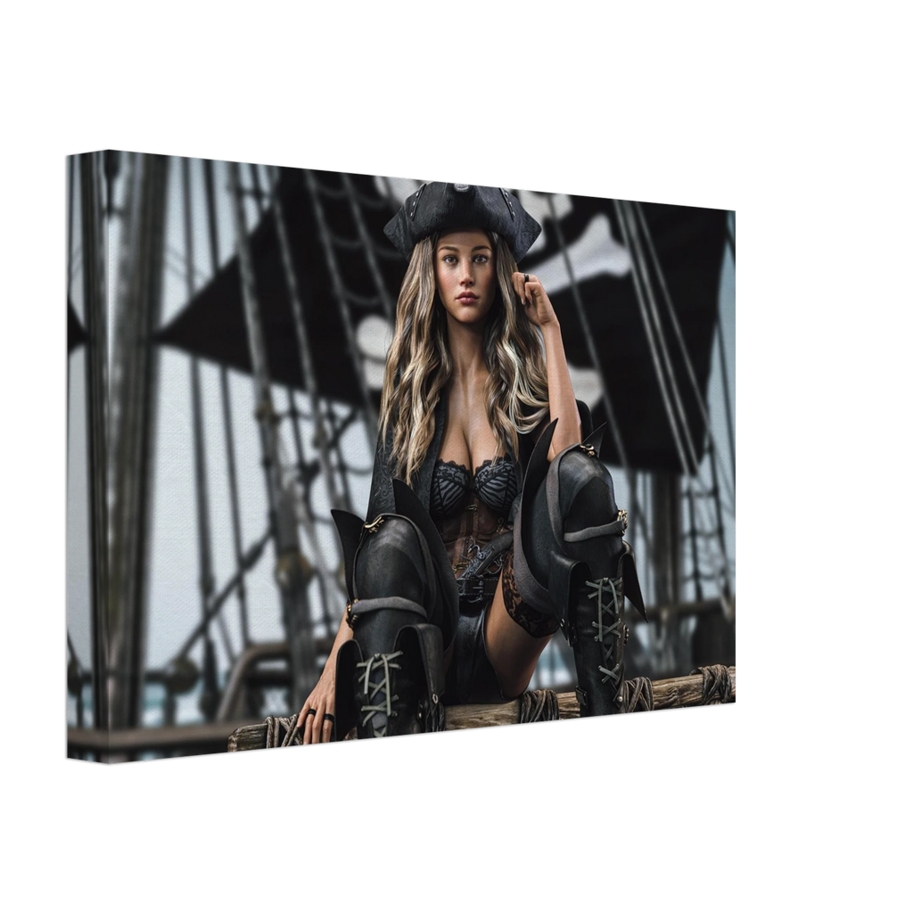 Handcrafted fantasy artwork featuring a confident female pirate captain seated aboard a legendary sailing ship, wearing a black tricorne hat, elegant corset, and towering leather pirate boots. Surrounded by weathered rigging, wooden beams, and towering black sails, she commands the deck with calm authority and unmistakable presence. Rich cinematic lighting, detailed nautical textures, and realistic craftsmanship evoke the romance and danger of the golden age of piracy, making this artwork an exceptional pie