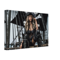 Handcrafted fantasy artwork featuring a confident female pirate captain seated aboard a legendary sailing ship, wearing a black tricorne hat, elegant corset, and towering leather pirate boots. Surrounded by weathered rigging, wooden beams, and towering black sails, she commands the deck with calm authority and unmistakable presence. Rich cinematic lighting, detailed nautical textures, and realistic craftsmanship evoke the romance and danger of the golden age of piracy, making this artwork an exceptional pie