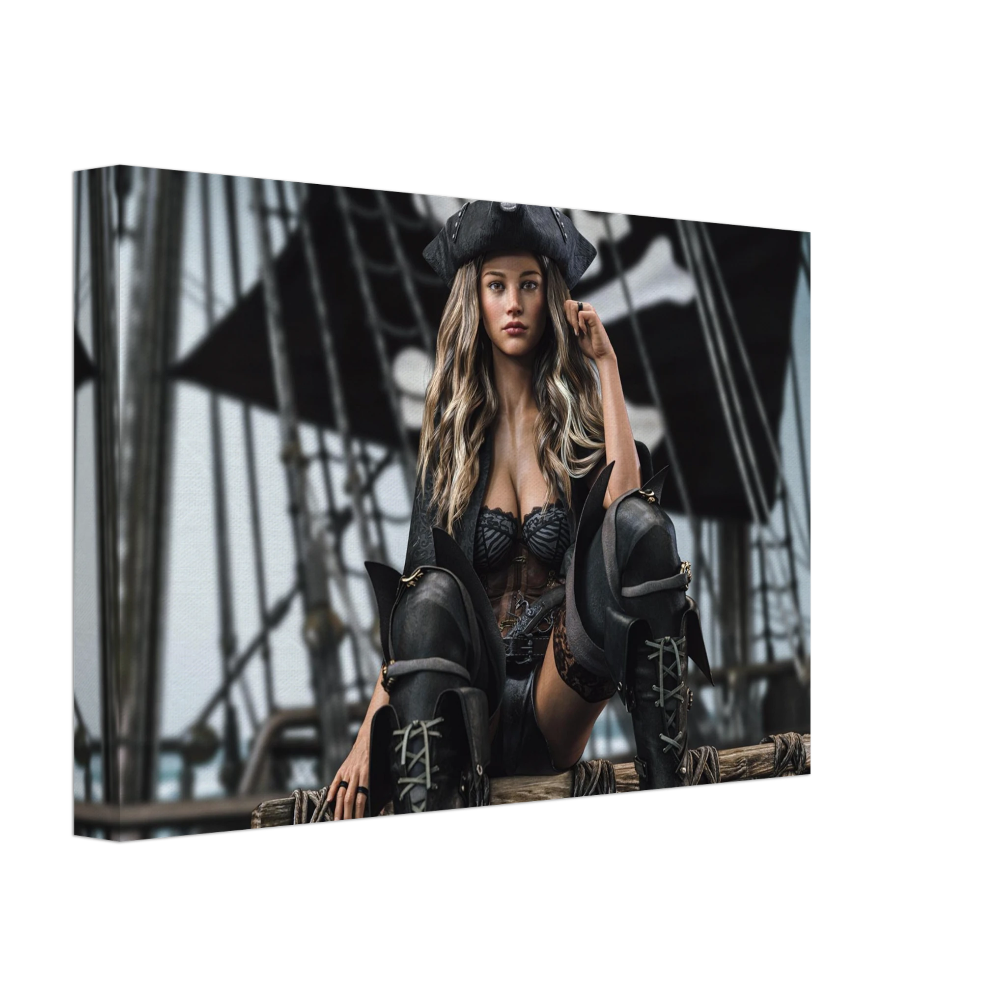 Handcrafted fantasy artwork featuring a confident female pirate captain seated aboard a legendary sailing ship, wearing a black tricorne hat, elegant corset, and towering leather pirate boots. Surrounded by weathered rigging, wooden beams, and towering black sails, she commands the deck with calm authority and unmistakable presence. Rich cinematic lighting, detailed nautical textures, and realistic craftsmanship evoke the romance and danger of the golden age of piracy, making this artwork an exceptional pie