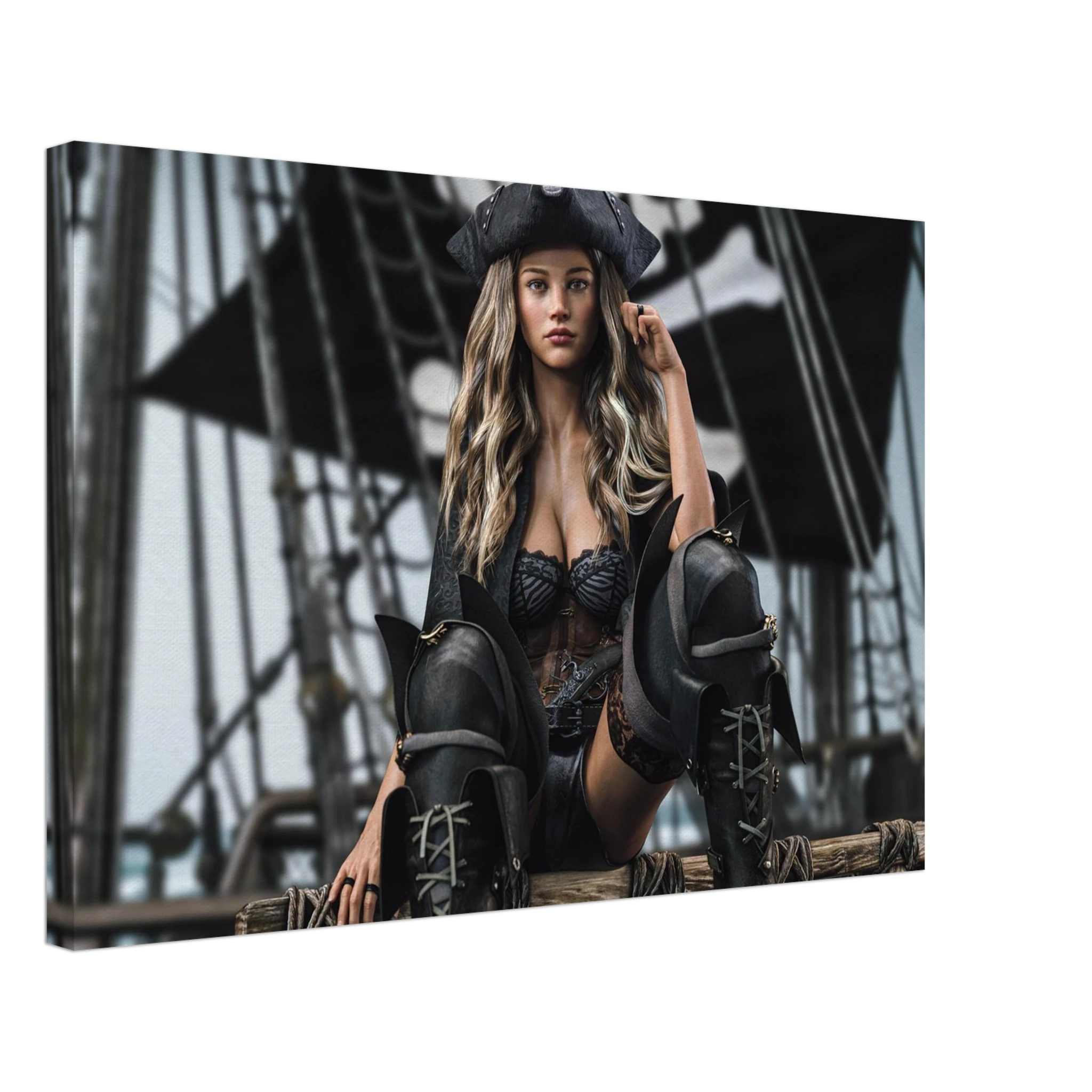 Handcrafted fantasy artwork featuring a confident female pirate captain seated aboard a legendary sailing ship, wearing a black tricorne hat, elegant corset, and towering leather pirate boots. Surrounded by weathered rigging, wooden beams, and towering black sails, she commands the deck with calm authority and unmistakable presence. Rich cinematic lighting, detailed nautical textures, and realistic craftsmanship evoke the romance and danger of the golden age of piracy.