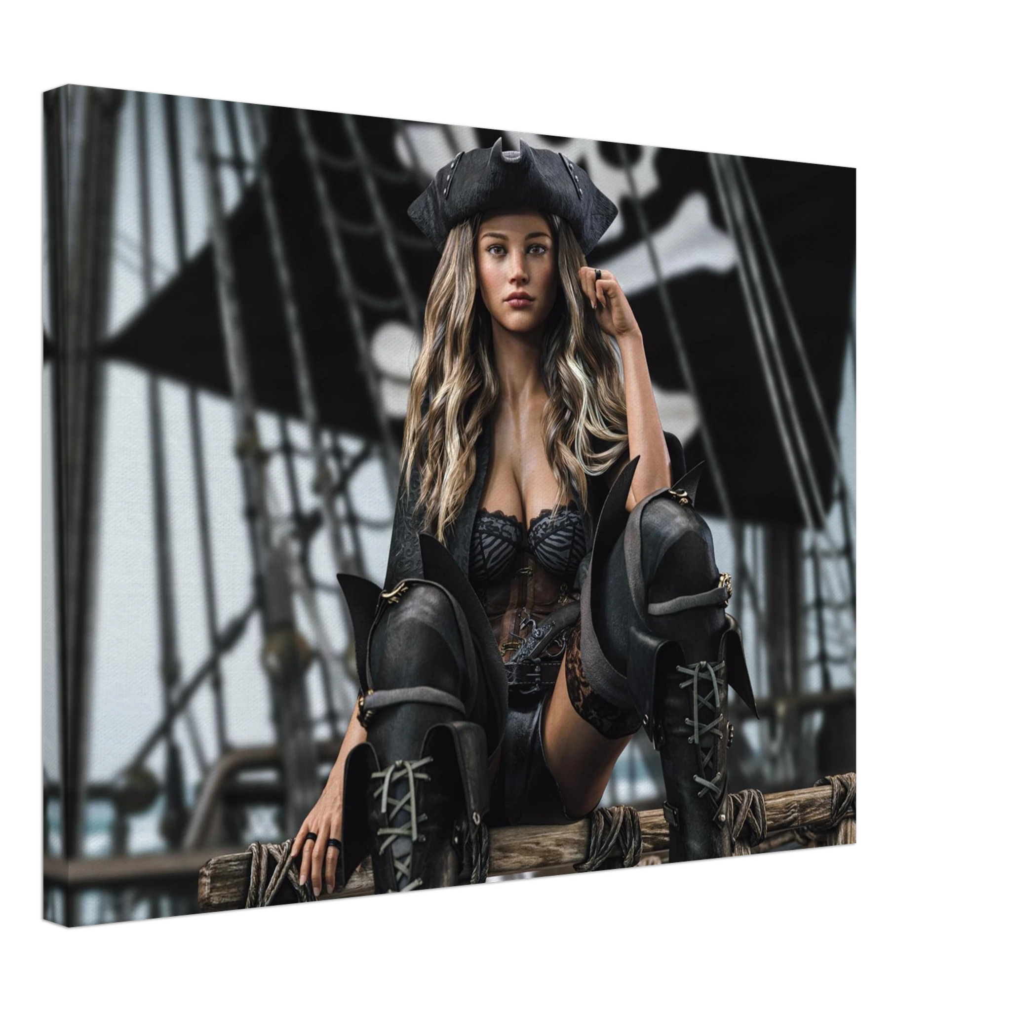 Handcrafted fantasy artwork featuring a confident female pirate captain seated aboard a legendary sailing ship, wearing a black tricorne hat, elegant corset, and towering leather pirate boots. Surrounded by weathered rigging, wooden beams, and towering black sails, she commands the deck with calm authority and unmistakable presence. Rich cinematic lighting, detailed nautical textures, and realistic craftsmanship evoke the romance and danger of the golden age of piracy.
