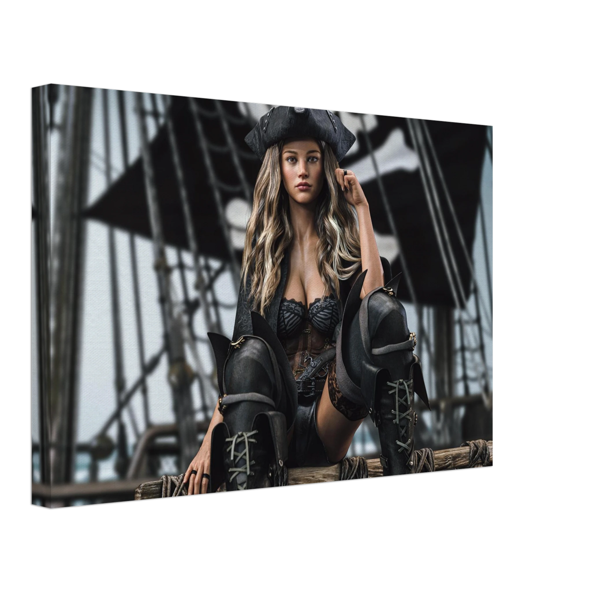 Handcrafted fantasy artwork featuring a confident female pirate captain seated aboard a legendary sailing ship, wearing a black tricorne hat, elegant corset, and towering leather pirate boots. Surrounded by weathered rigging, wooden beams, and towering black sails, she commands the deck with calm authority and unmistakable presence. Rich cinematic lighting, detailed nautical textures, and realistic craftsmanship evoke the romance and danger of the golden age of piracy.