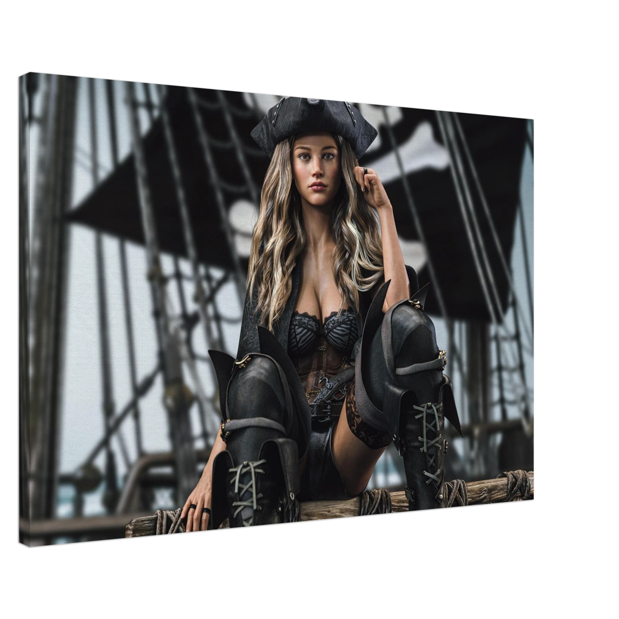 Handcrafted fantasy artwork featuring a confident female pirate captain seated aboard a legendary sailing ship, wearing a black tricorne hat, elegant corset, and towering leather pirate boots. Surrounded by weathered rigging, wooden beams, and towering black sails, she commands the deck with calm authority and unmistakable presence. Rich cinematic lighting, detailed nautical textures, and realistic craftsmanship evoke the romance and danger of the golden age of piracy.