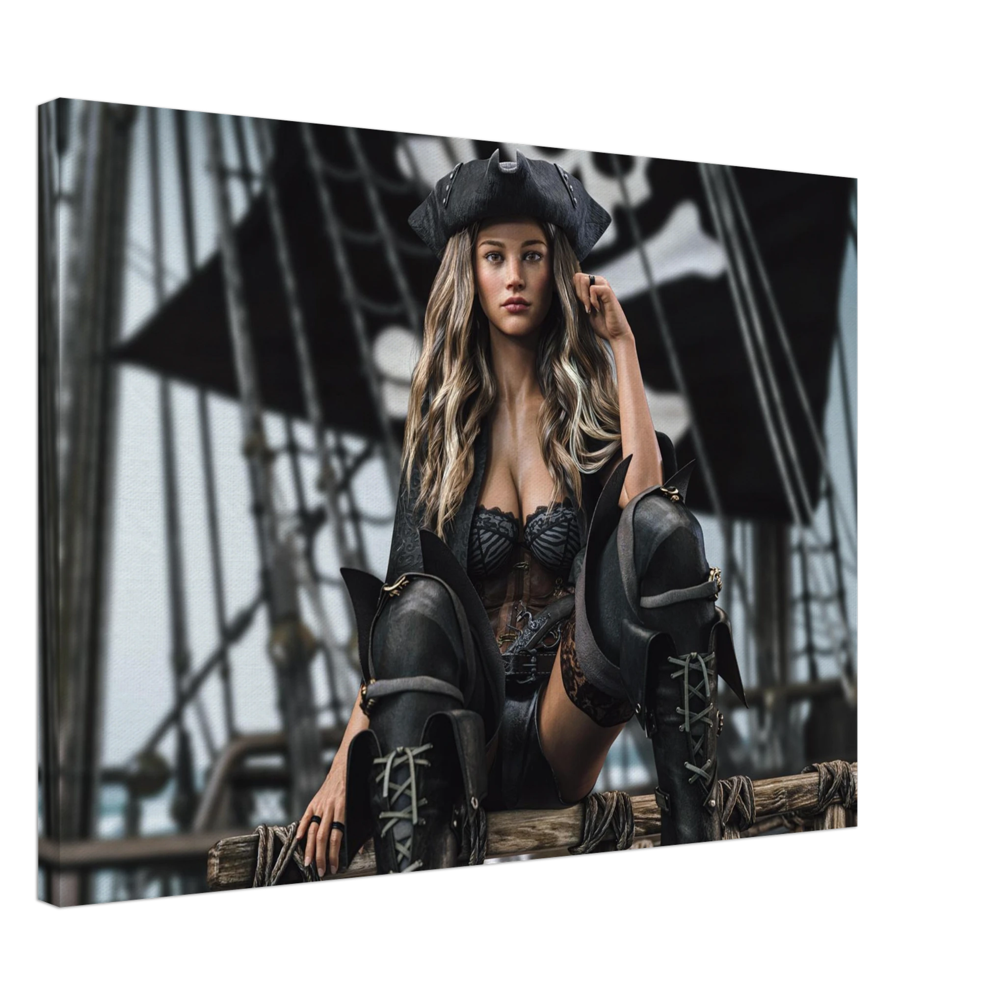 Handcrafted fantasy artwork featuring a confident female pirate captain seated aboard a legendary sailing ship, wearing a black tricorne hat, elegant corset, and towering leather pirate boots. Surrounded by weathered rigging, wooden beams, and towering black sails, she commands the deck with calm authority and unmistakable presence. Rich cinematic lighting, detailed nautical textures, and realistic craftsmanship evoke the romance and danger of the golden age of piracy.