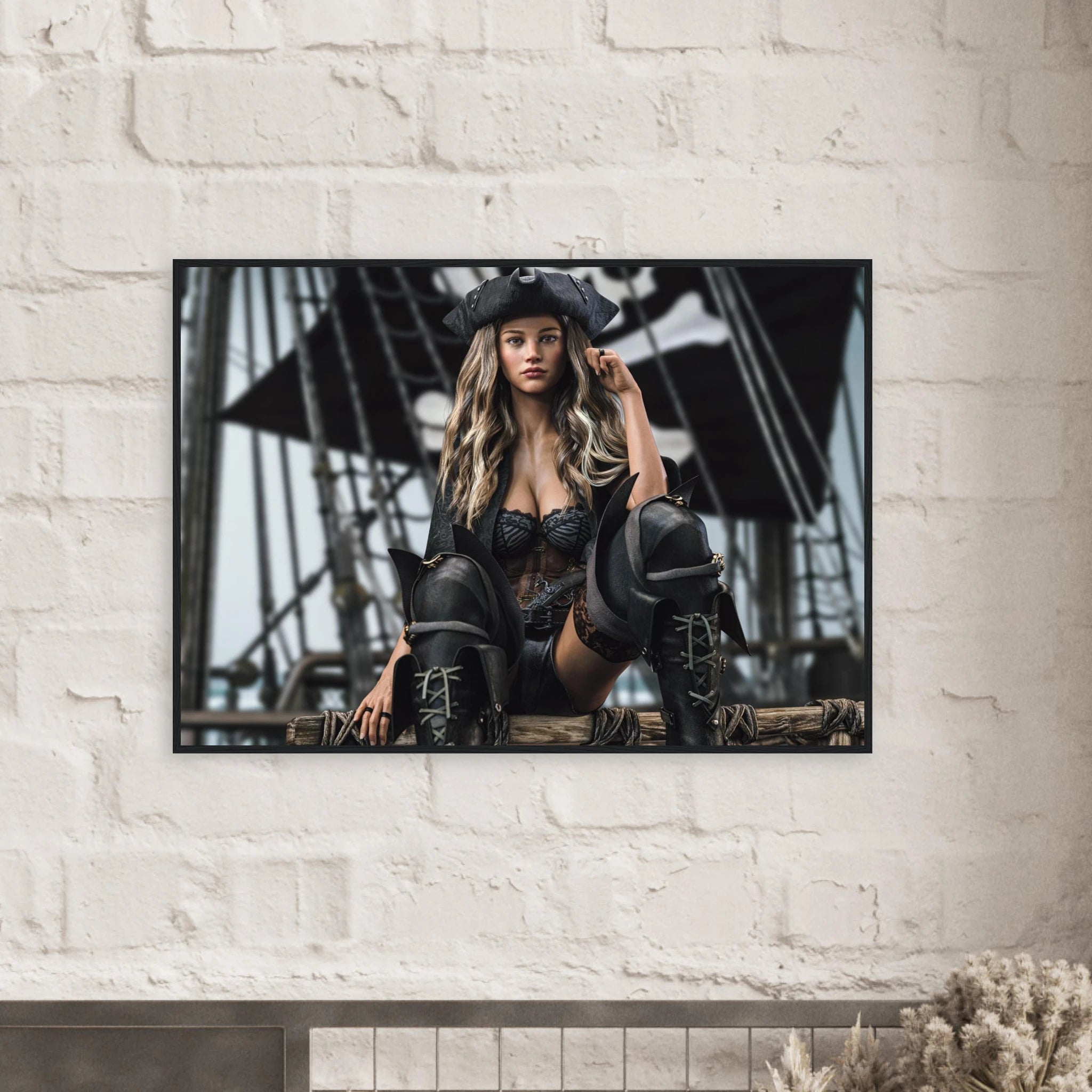 A framed horizontal photographic print of a pirate woman in black attire sitting on a ship's rigging, displayed on a white brick wall above a mantel.