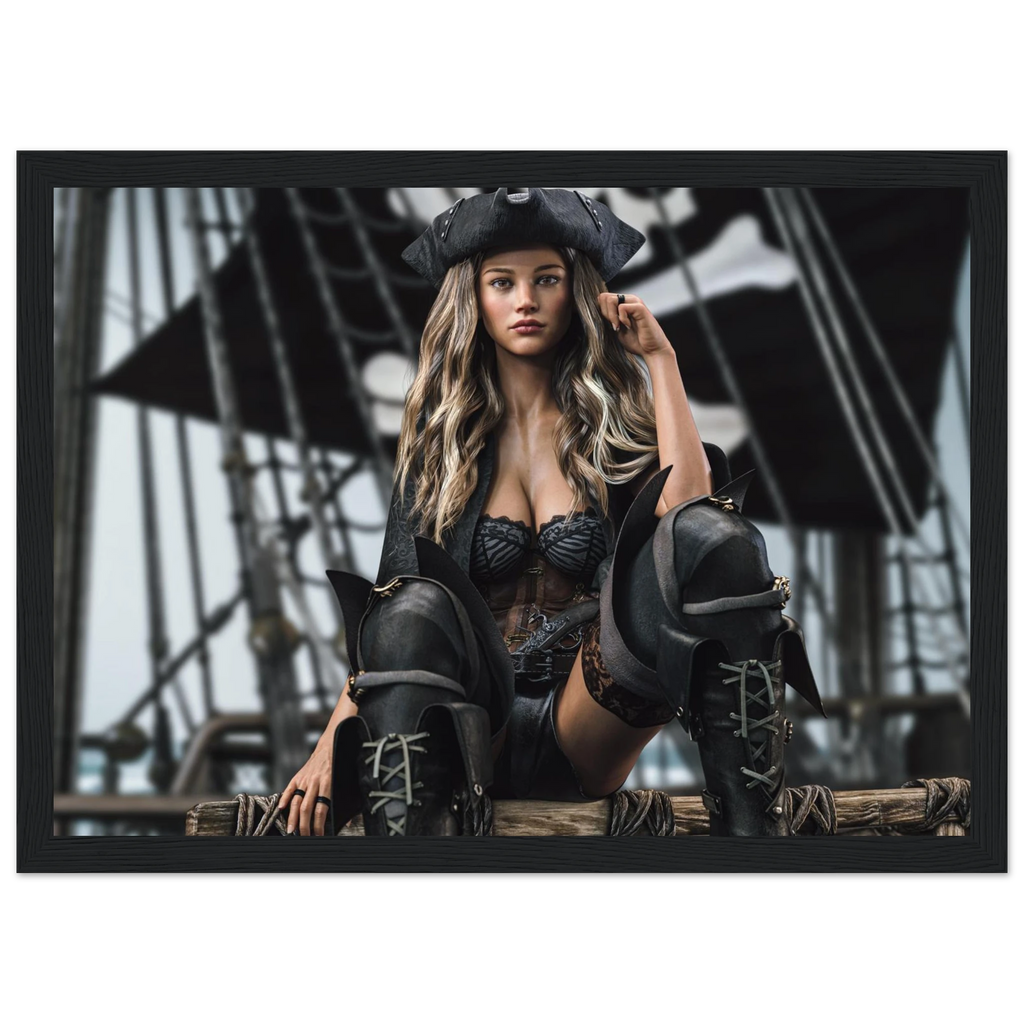 A framed art print featuring a pirate woman in a black costume with a tricorn hat and tall lace-up boots, posed in front of a ship's rigging. The print is displayed within a black frame against a white background.