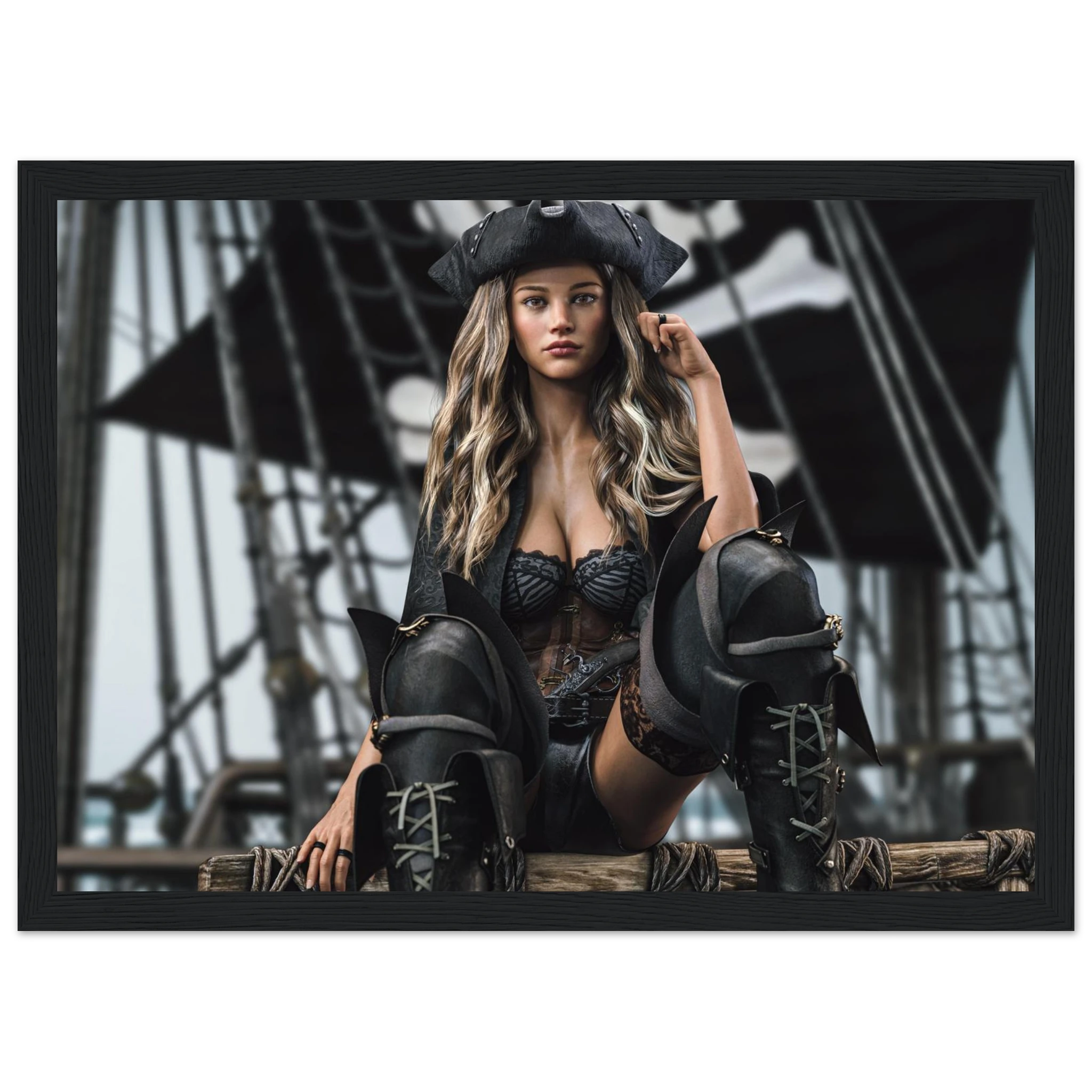 A framed art print featuring a pirate woman in a black costume with a tricorn hat and tall lace-up boots, posed in front of a ship's rigging. The print is displayed within a black frame against a white background.