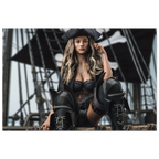 Handcrafted fantasy artwork featuring a confident female pirate captain seated aboard a legendary sailing ship, wearing a black tricorne hat, elegant corset, and towering leather pirate boots. Surrounded by weathered rigging, wooden beams, and towering black sails, she commands the deck with calm authority and unmistakable presence. Rich cinematic lighting, detailed nautical textures, and realistic craftsmanship evoke the romance and danger of the golden age of piracy, making this artwork an exceptional pie