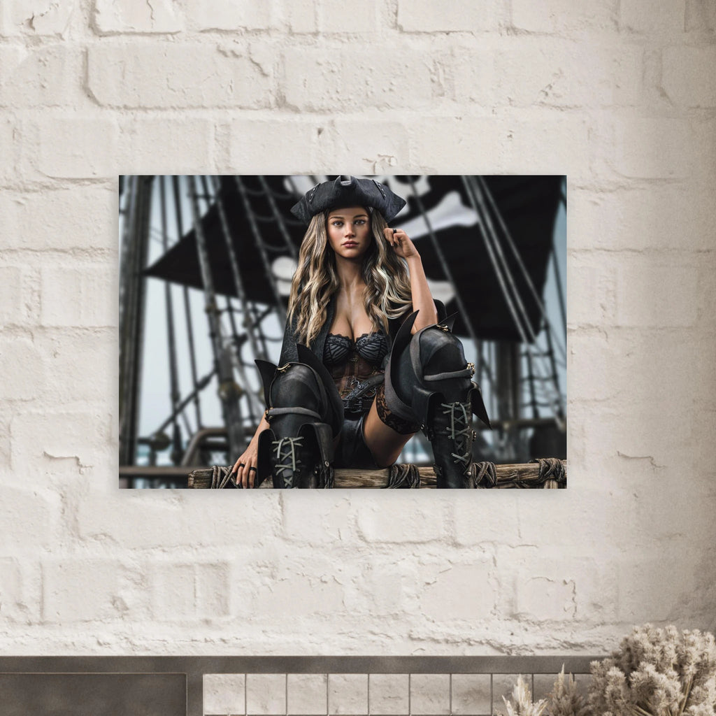 A rectangular wall art print showing a woman in pirate attire seated on a ship's rigging, displayed against a white brick wall.