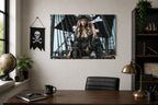 Pirate-themed wall art above a desk with office items.