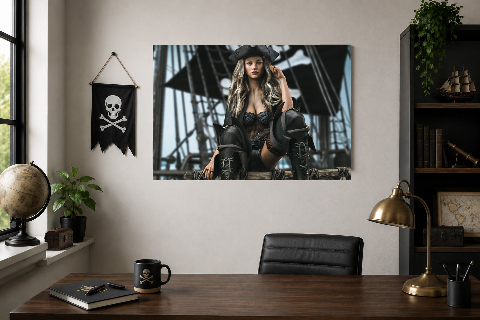 Pirate-themed wall art above a desk with office items.
