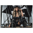 A woman posed on a ship's rigging wearing a pirate outfit with a black hat, dark corset-style top, black boots, and a leather belt, against a nautical background with ropes and sails.