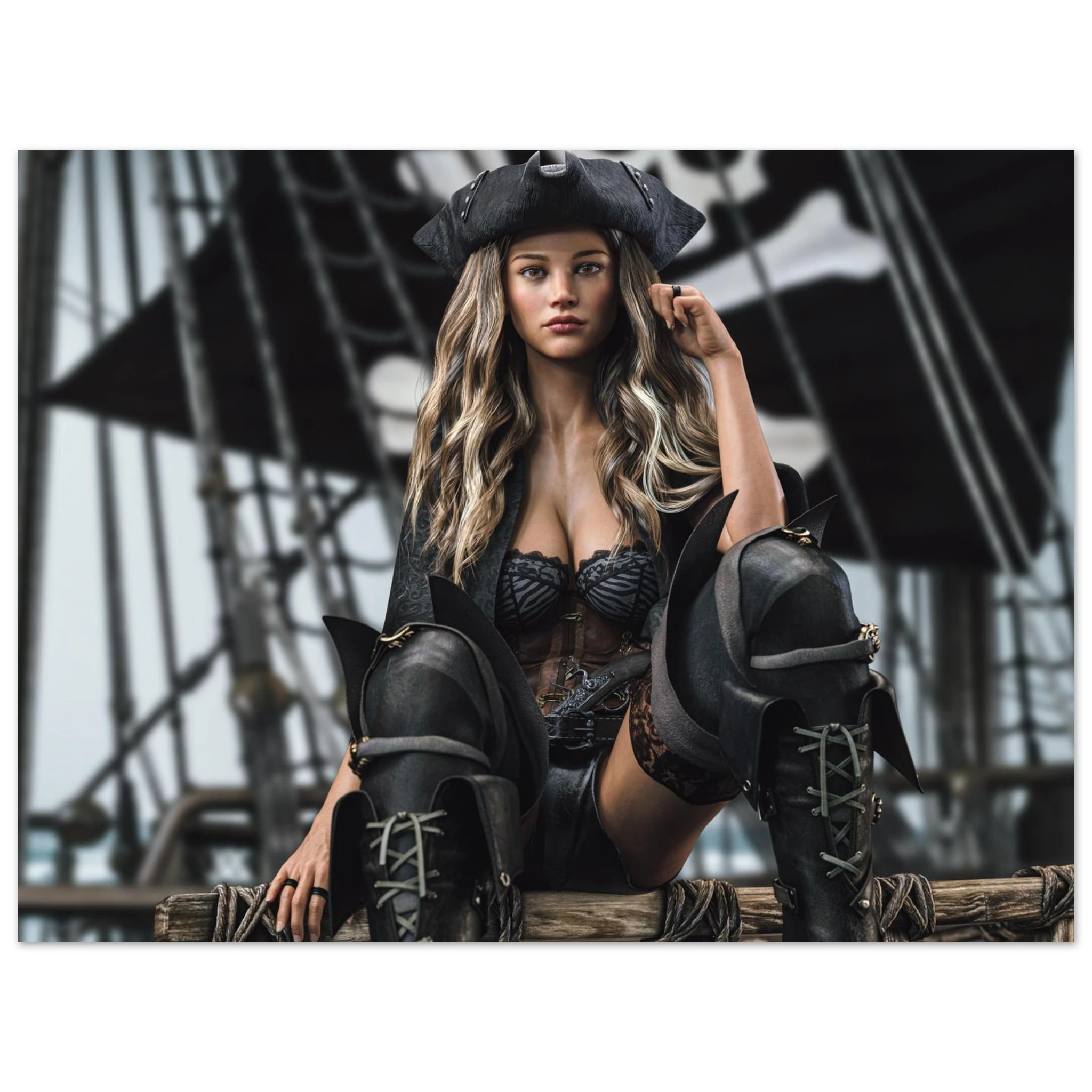 A woman posed on a ship's rigging wearing a pirate costume with a black hat, dark corset-style top, brown harness details, and black lace-up boots.