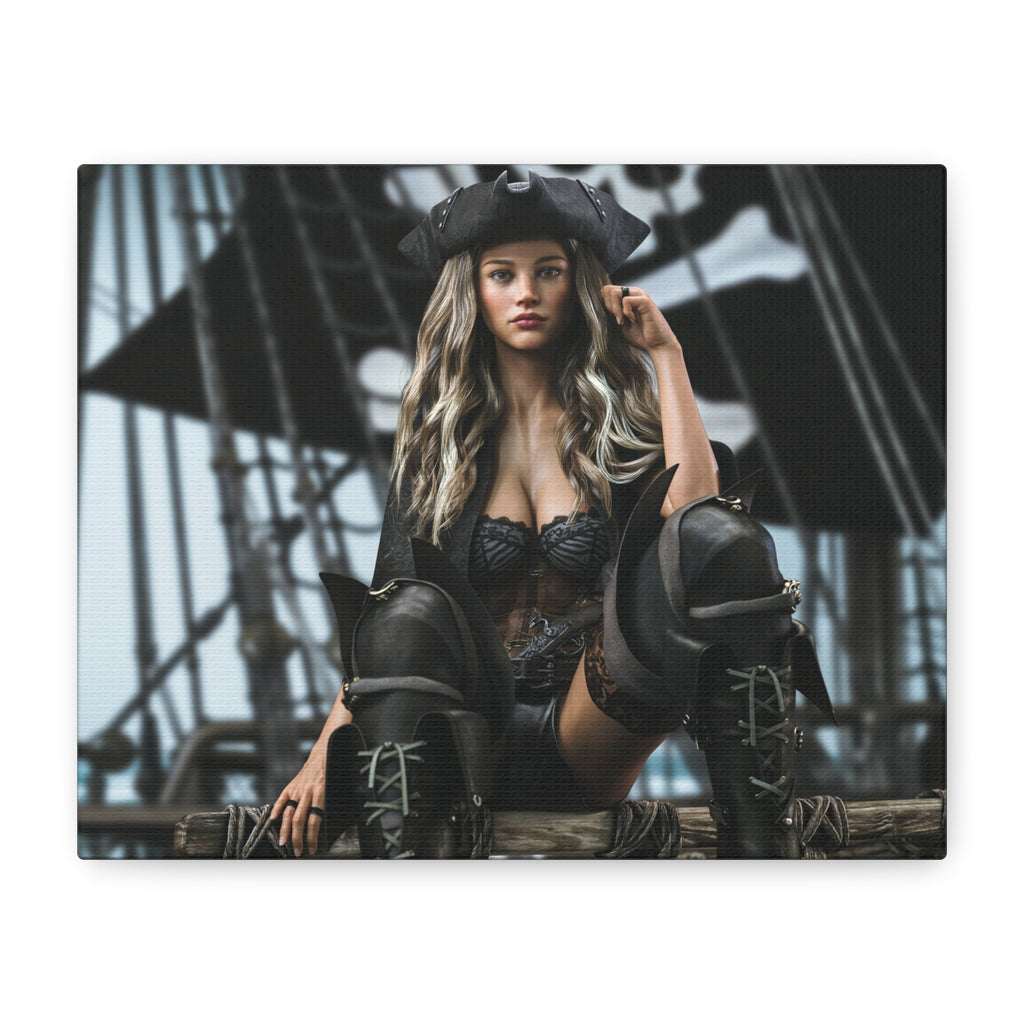 A rectangular wall art print or canvas featuring a pirate-themed portrait of a woman in black pirate attire with a hat and boots, seated against a dark ship rigging background, shown on a light gray wall.