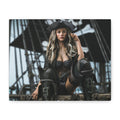 A rectangular wall art print or canvas featuring a pirate-themed portrait of a woman in black pirate attire with a hat and boots, seated against a dark ship rigging background, shown on a light gray wall.