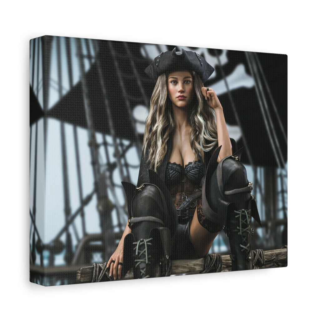 A rectangular wall art print or canvas showing a pirate woman seated on a ship's rigging, photographed at an angle against a plain white background.