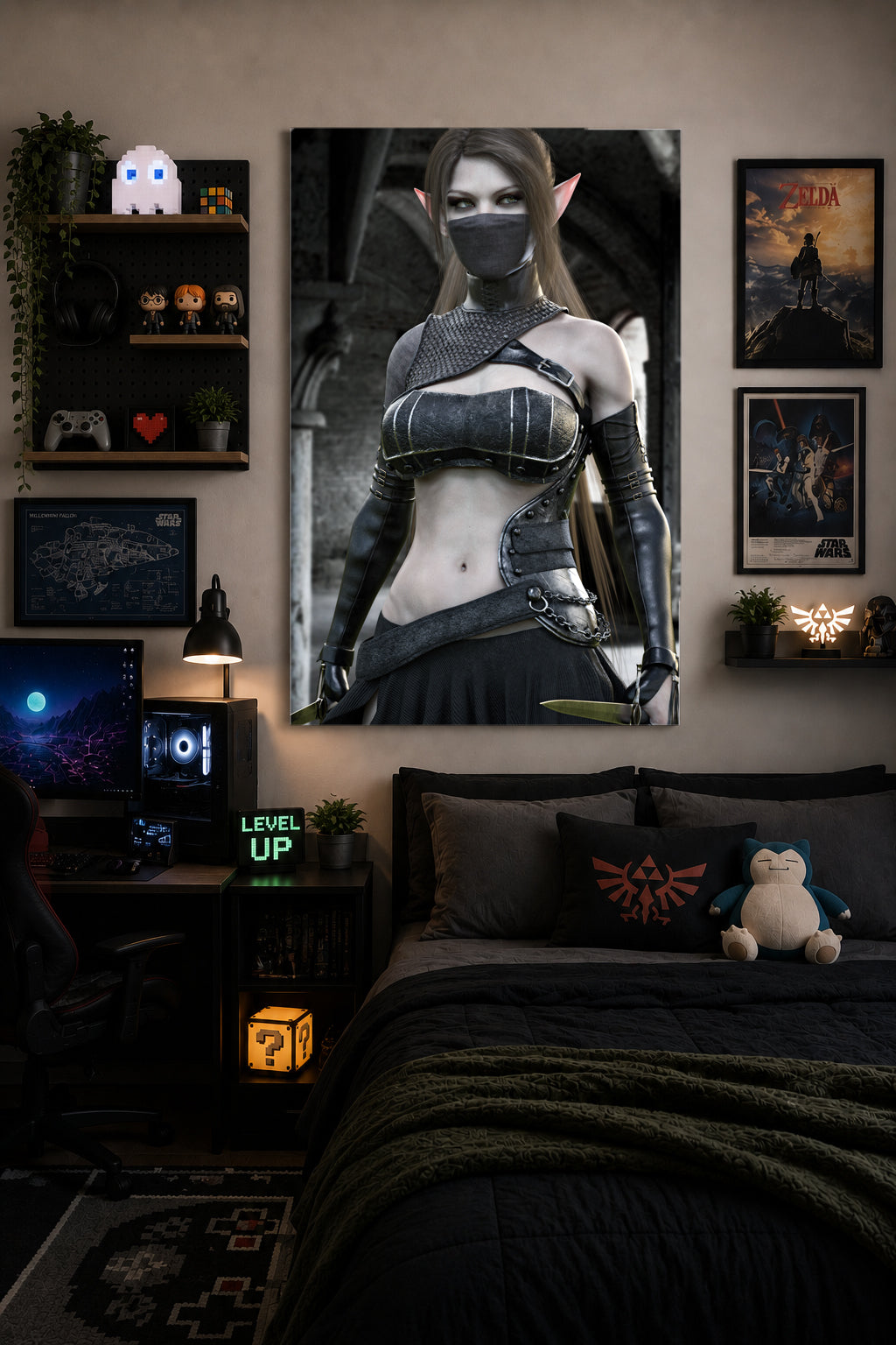 Room interior with a large fantasy-themed poster on the wall, surrounded by decor items.