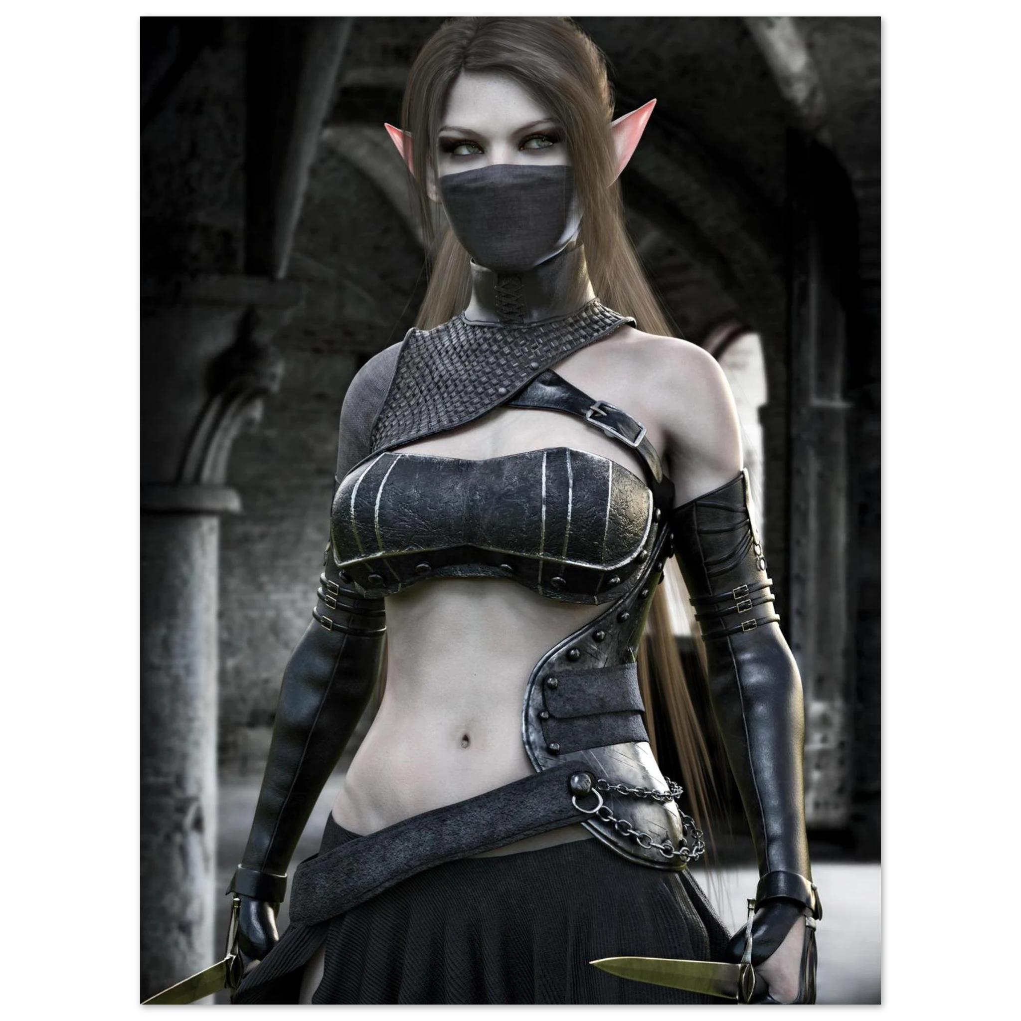 A fantasy elf woman wearing dark metallic armor and a black face mask, standing in a stone archway setting.