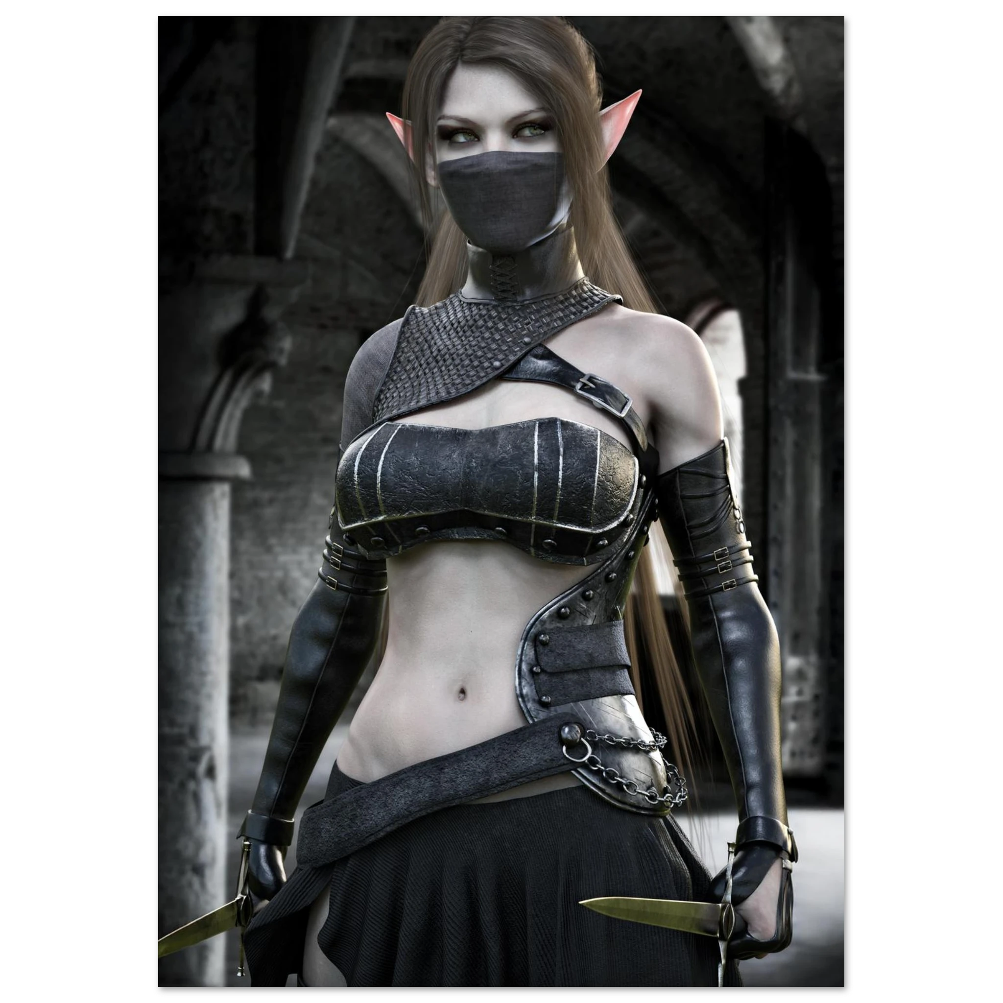 A fantasy elf woman wearing dark metallic armor and a black face mask, standing in a stone archway setting.
