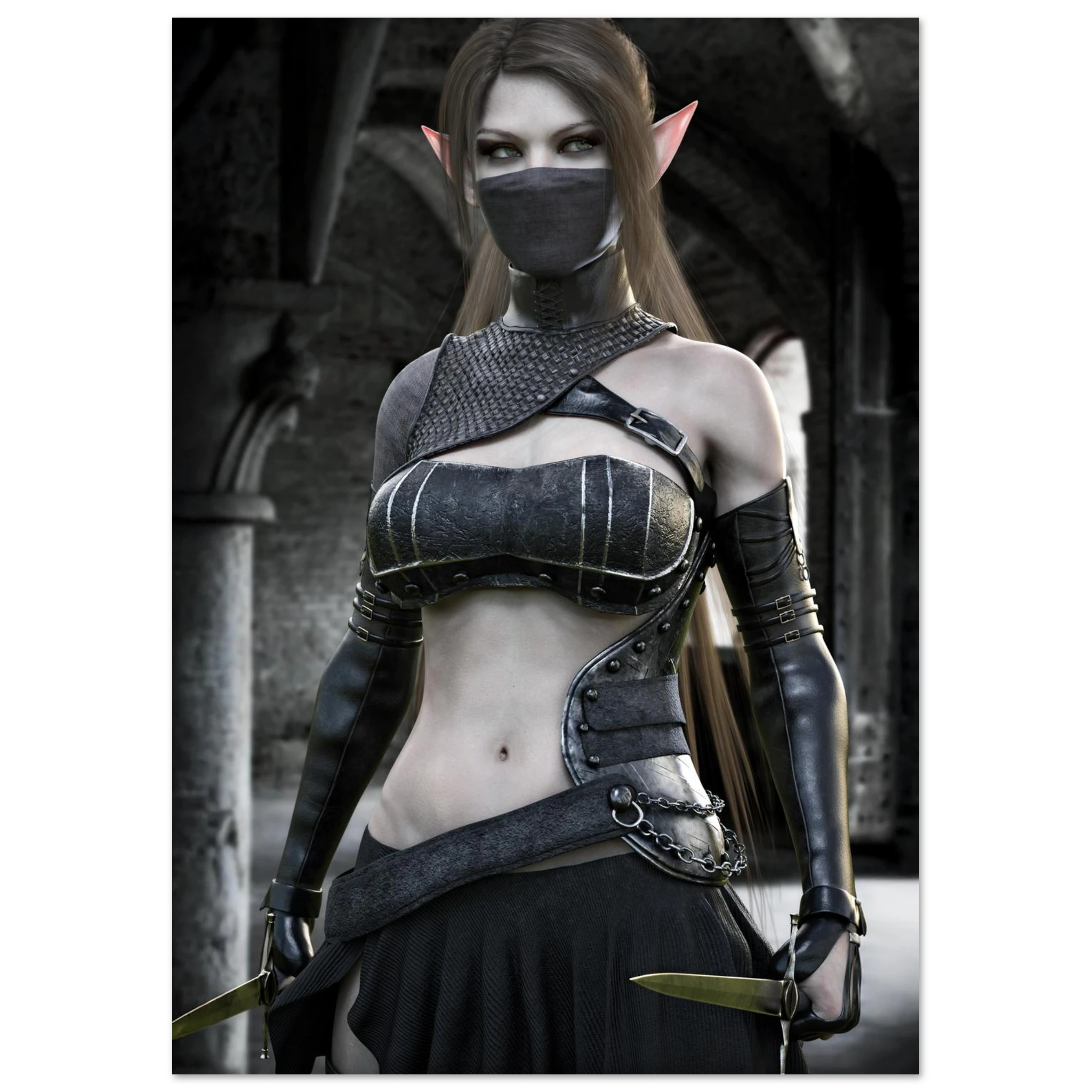 A fantasy elf woman wearing dark metallic armor and a black face mask, standing in a stone archway setting.