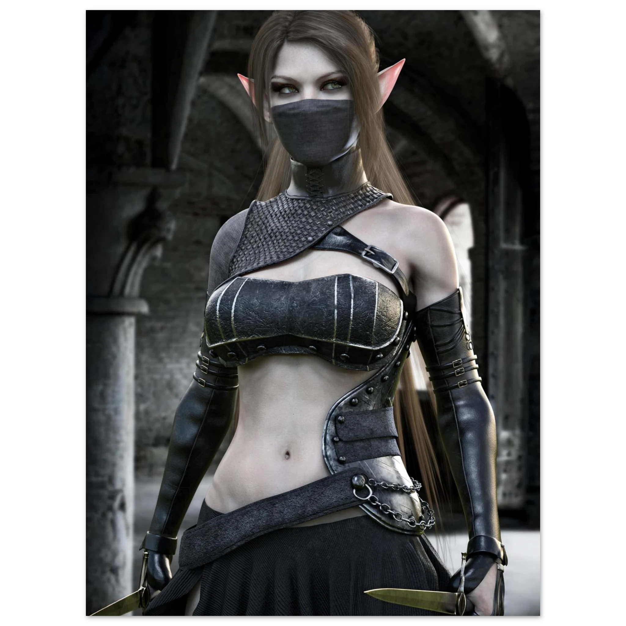A fantasy elf woman wearing a black leather and dark metallic armor bodysuit, black face mask, and pointed ears, standing in a stone archway setting.