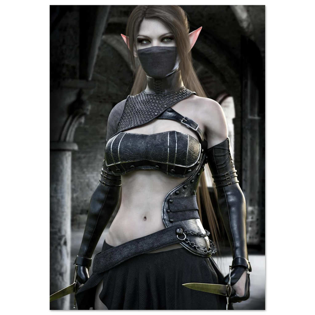 A fantasy elf woman wearing a black strappy corset-style outfit with matching black arm guards and a face mask, standing in a dark stone corridor and holding short blades.