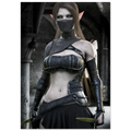 A fantasy elf woman wearing a black strappy corset-style outfit with matching black arm guards and a face mask, standing in a dark stone corridor and holding short blades.