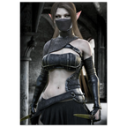 A fantasy elf woman wearing a black strappy corset-style outfit with matching black arm guards and a face mask, standing in a dark stone corridor and holding short blades.