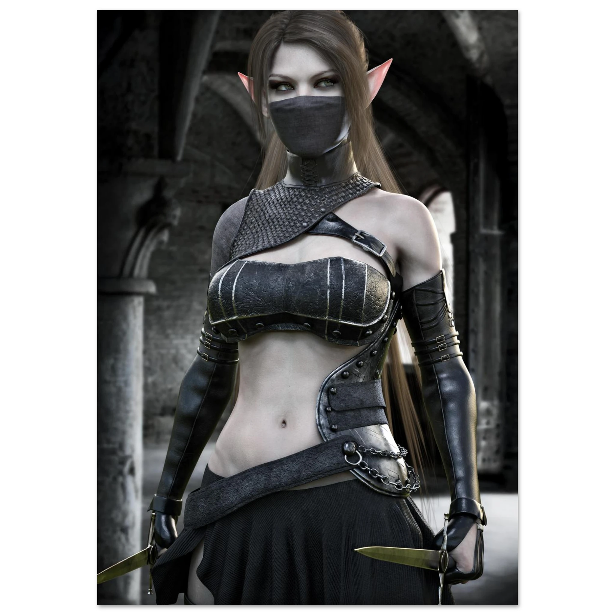 A fantasy elf woman wearing a dark black and gray leather-like costume with a face mask, pointed ears, and holding two short swords in a stone archway setting.