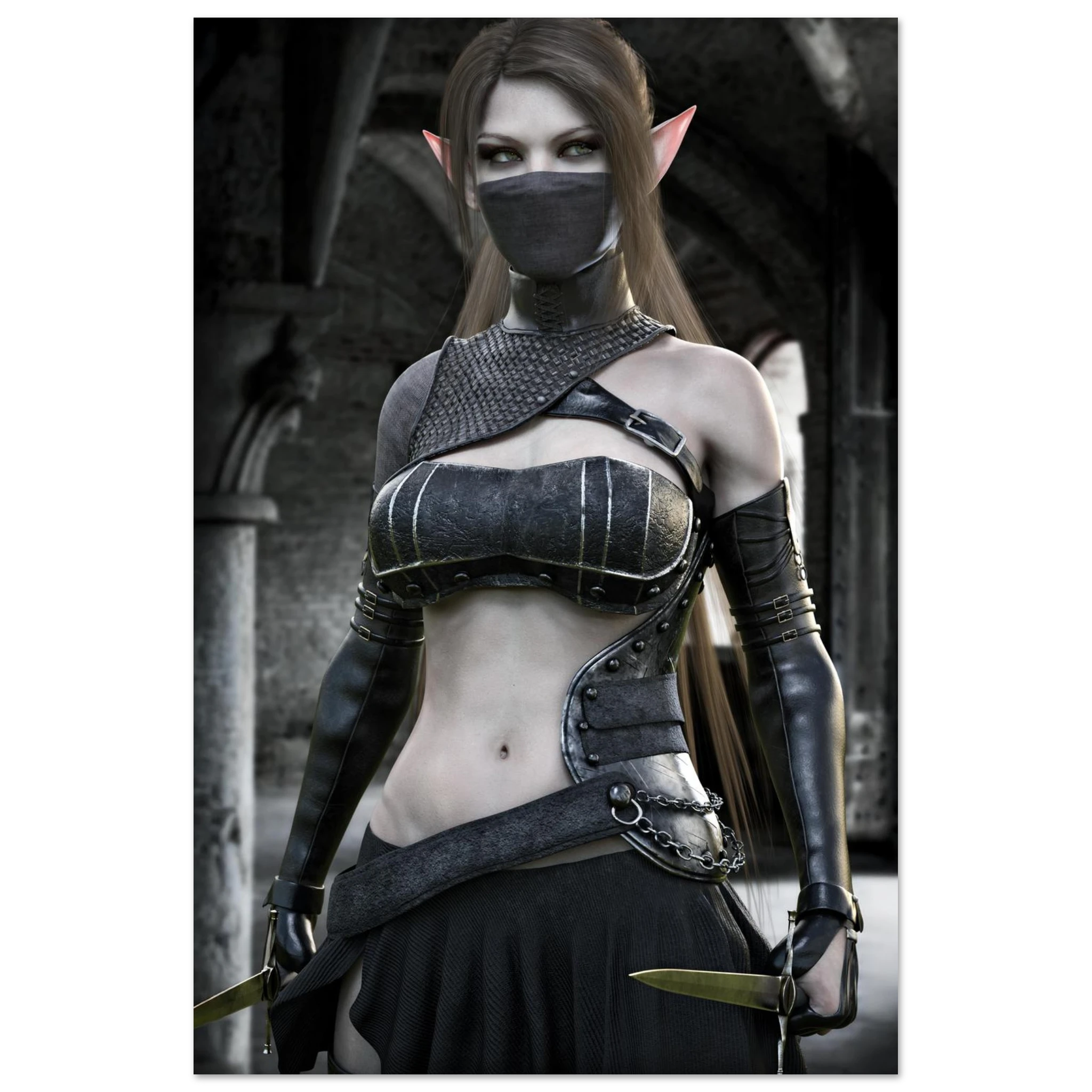 A fantasy elf woman in dark metallic armor and a black face mask, holding two small knives, set against a dark gothic stone archway background.