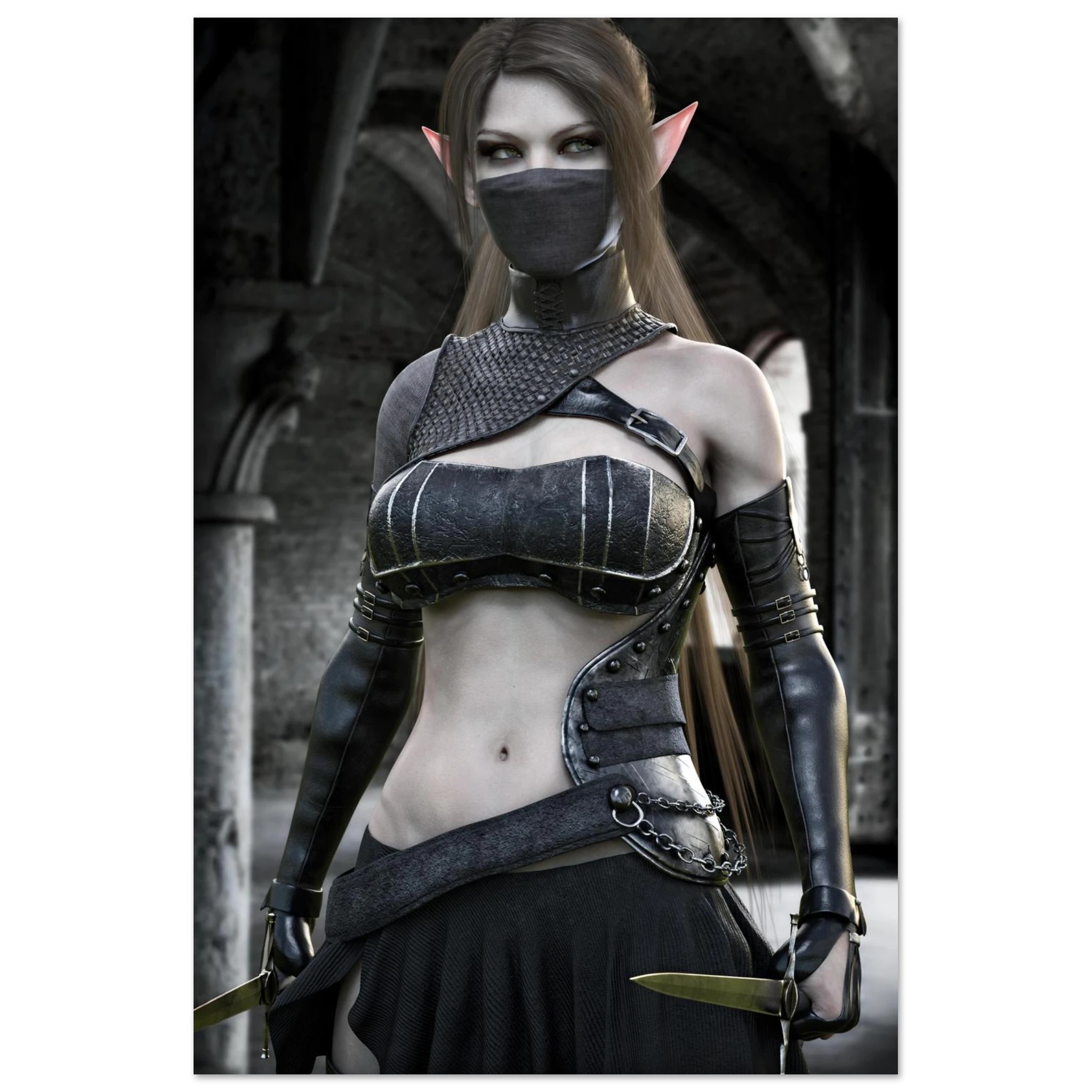 A vertical poster or print featuring a fantasy female elf character with long brown hair, pointed pink ears, a black face mask, and dark metallic armor, standing in a stone archway and holding short blades.
