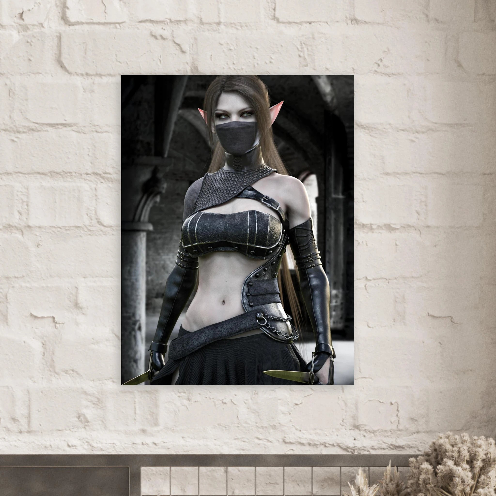 A vertical wall art print featuring a fantasy elf character in dark armor, displayed on a white brick wall above a mantel with dried flowers.