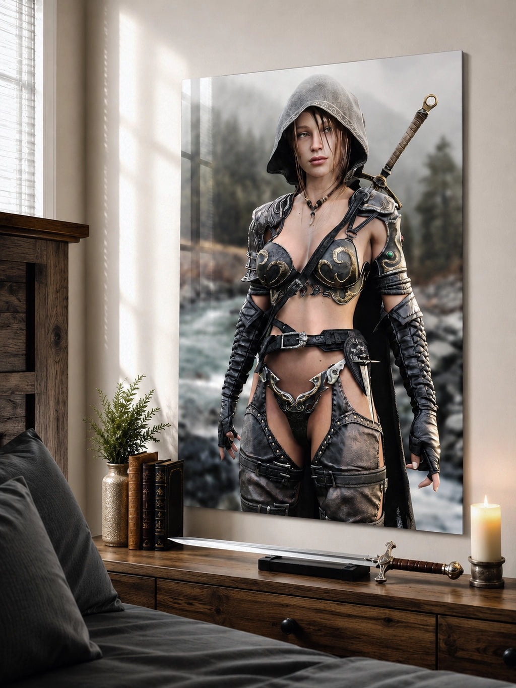 A large vertical wall art print depicting a hooded female warrior with a sword, displayed above a wooden nightstand in a styled bedroom setting.