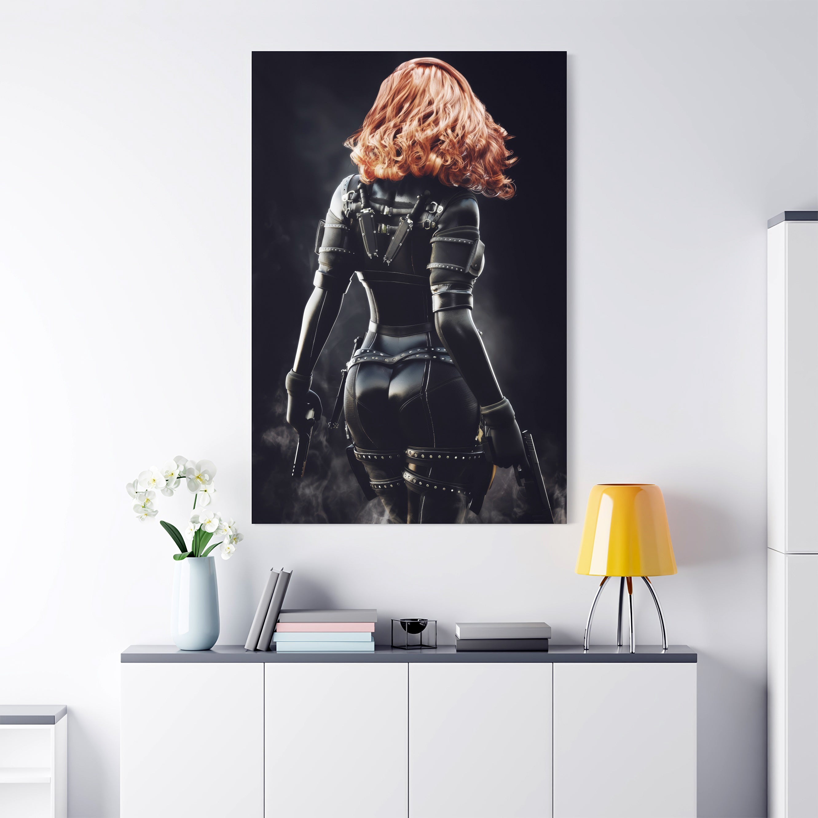 Futuristic red headed assassin wearing black leather armor. Canvas art