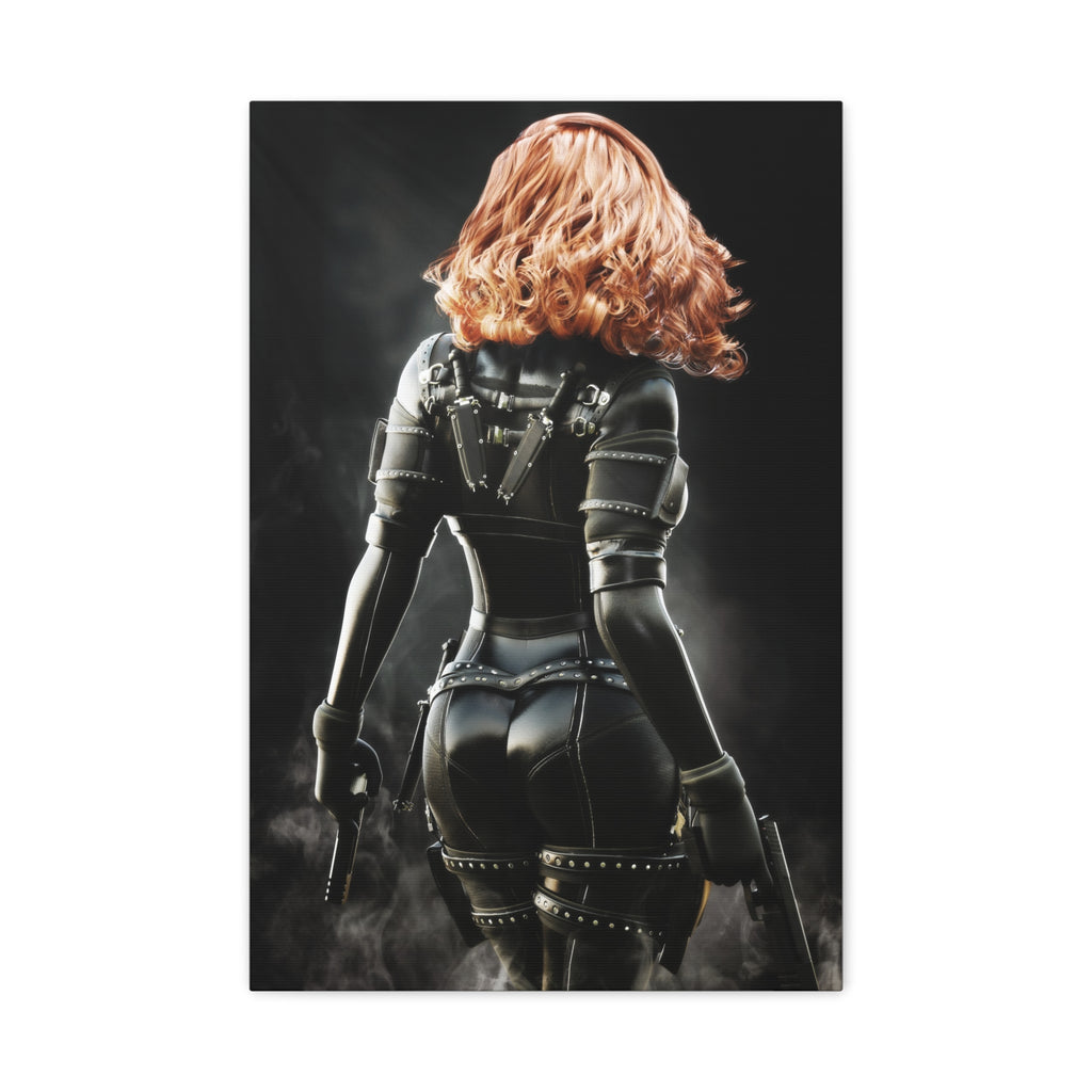 Fantasy wall art featuring a red-haired female assassin in a black tactical suit, holding dual pistols amid swirling smoke and dramatic light.