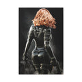 Fantasy wall art featuring a red-haired female assassin in a black tactical suit, holding dual pistols amid swirling smoke and dramatic light.