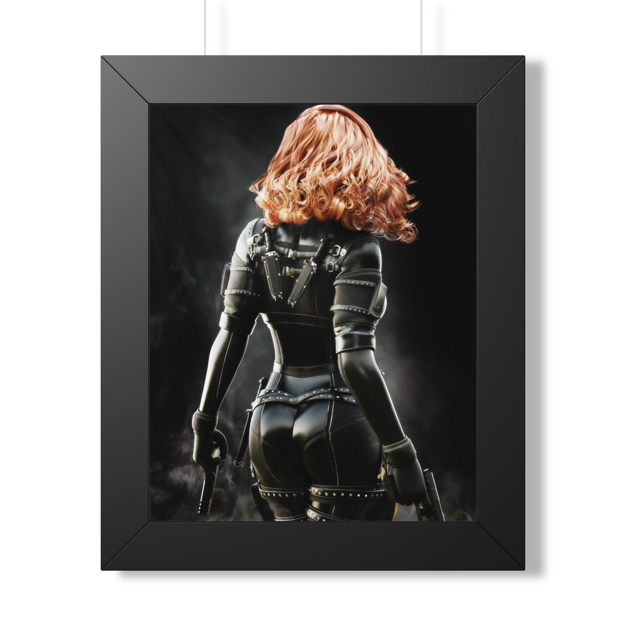 Fantasy wall art featuring a red-haired female assassin in a black tactical suit, holding dual pistols amid swirling smoke and dramatic light.