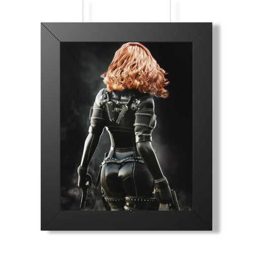 Fantasy wall art featuring a red-haired female assassin in a black tactical suit, holding dual pistols amid swirling smoke and dramatic light.