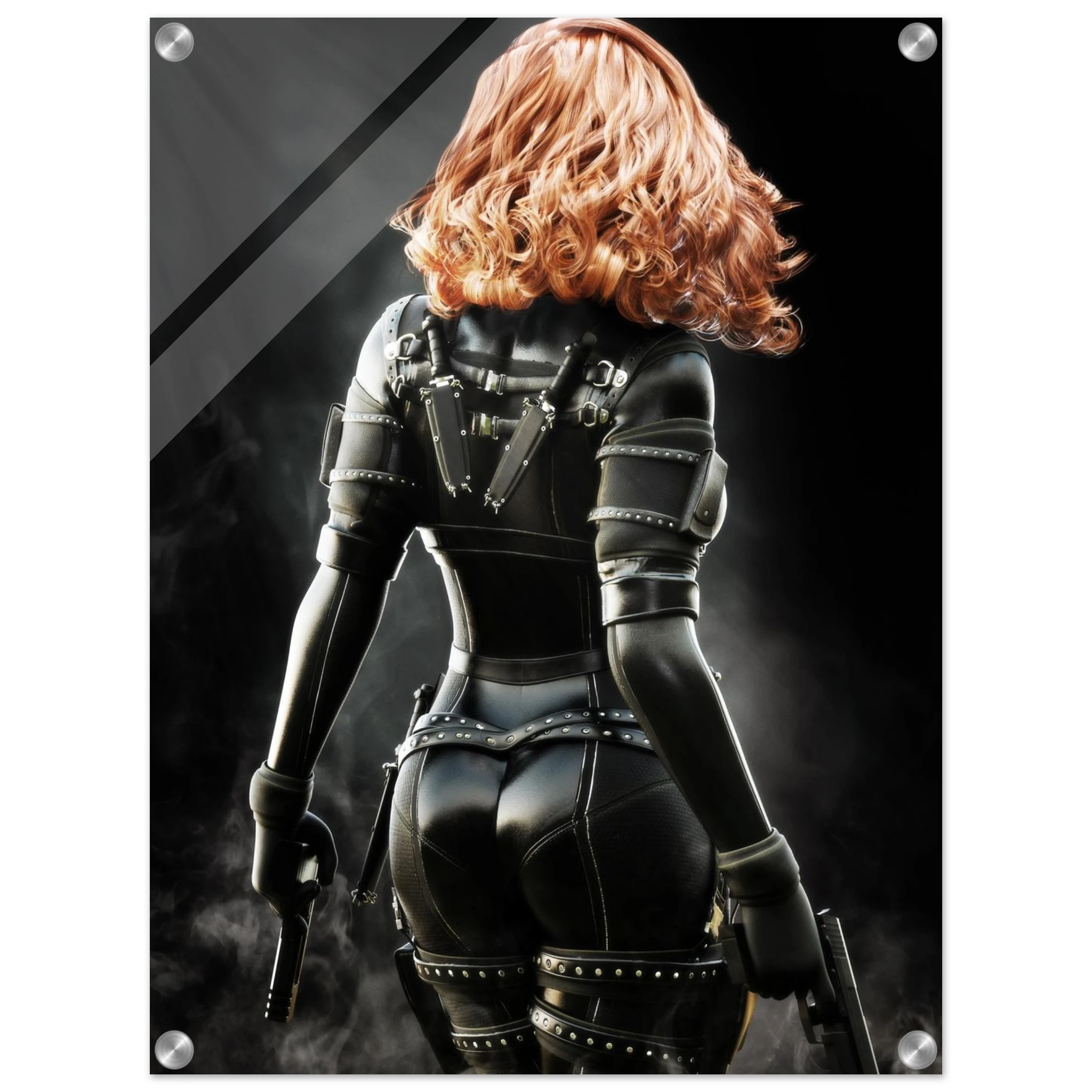 Handcrafted fantasy artwork depicting a highly skilled redheaded assassin viewed from behind as she walks through swirling smoke beneath dramatic overhead light. Wearing a sleek black tactical bodysuit with reinforced armor, twin shoulder-mounted blades, thigh holsters, and dual pistols held at her sides, she projects quiet confidence and deadly precision. Rich cinematic lighting highlights the realistic textures of her combat gear while the dark, atmospheric background emphasizes the mystery of a professio