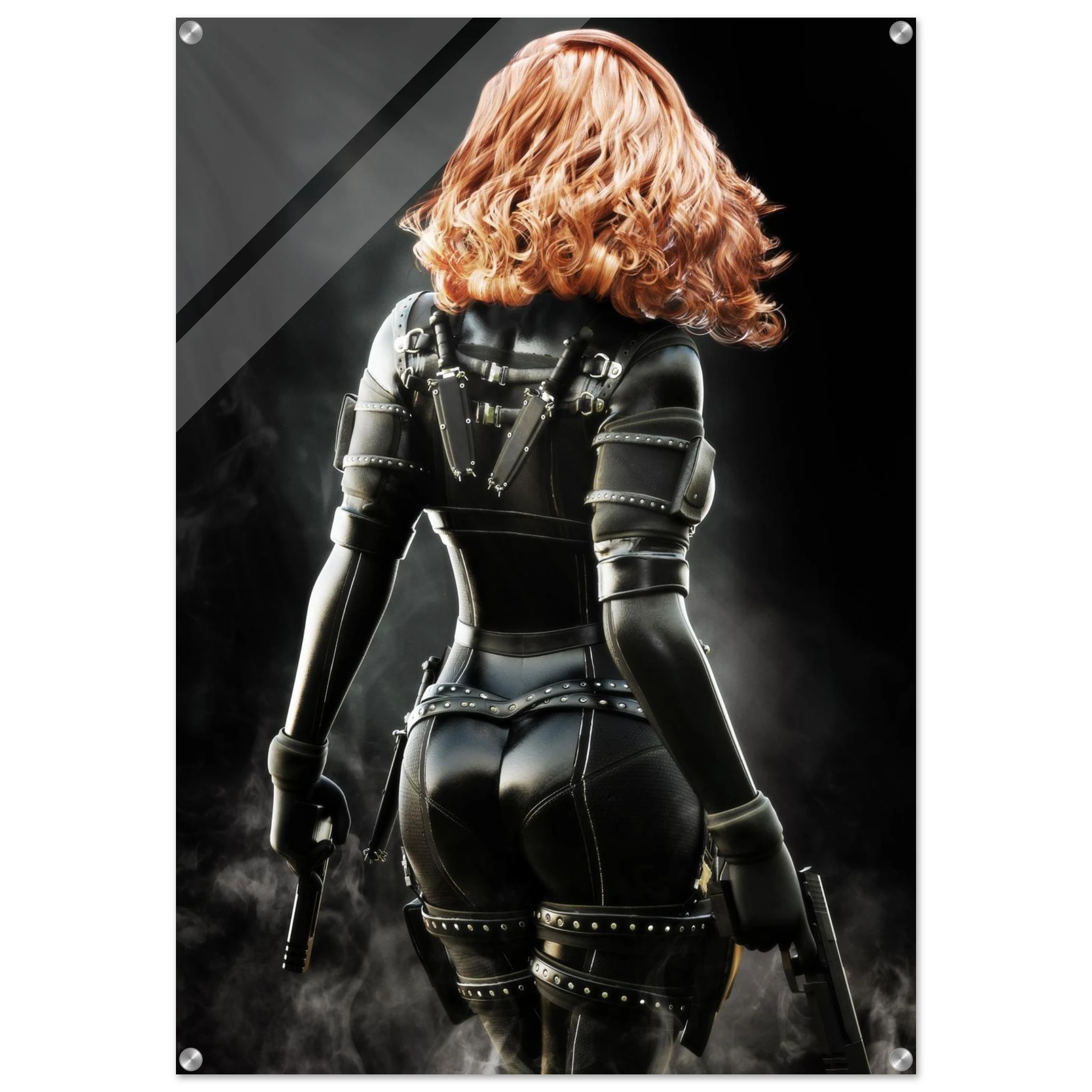 Handcrafted fantasy artwork depicting a highly skilled redheaded assassin viewed from behind as she walks through swirling smoke beneath dramatic overhead light. Wearing a sleek black tactical bodysuit with reinforced armor, twin shoulder-mounted blades, thigh holsters, and dual pistols held at her sides, she projects quiet confidence and deadly precision. Rich cinematic lighting highlights the realistic textures of her combat gear while the dark, atmospheric background emphasizes the mystery of a professio