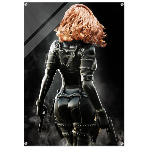 Handcrafted fantasy artwork depicting a highly skilled redheaded assassin viewed from behind as she walks through swirling smoke beneath dramatic overhead light. Wearing a sleek black tactical bodysuit with reinforced armor, twin shoulder-mounted blades, thigh holsters, and dual pistols held at her sides, she projects quiet confidence and deadly precision. Rich cinematic lighting highlights the realistic textures of her combat gear while the dark, atmospheric background emphasizes the mystery of a professio
